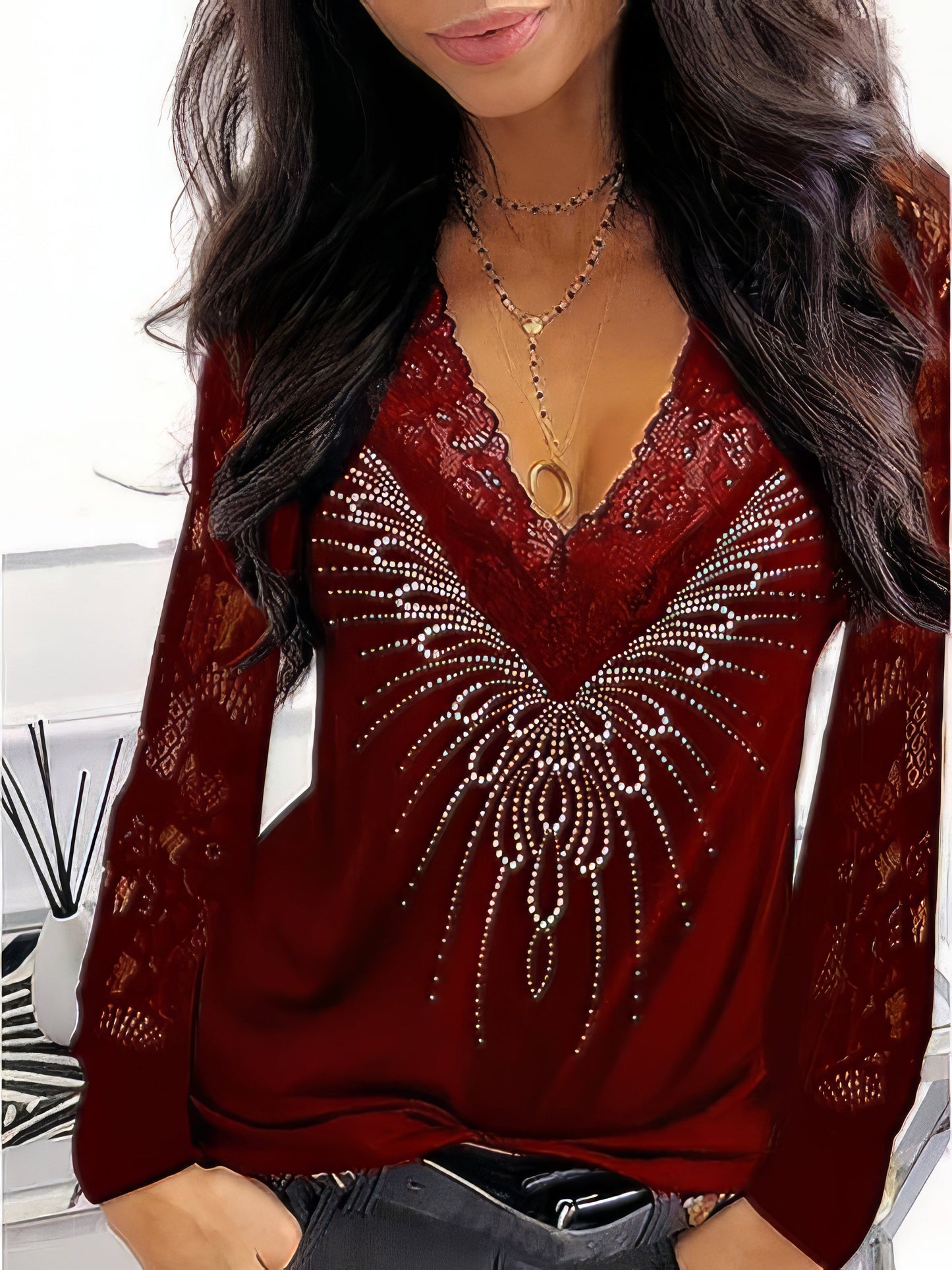 T-Shirts - Lace Print V-Neck Long Sleeve T-Shirt - MsDressly