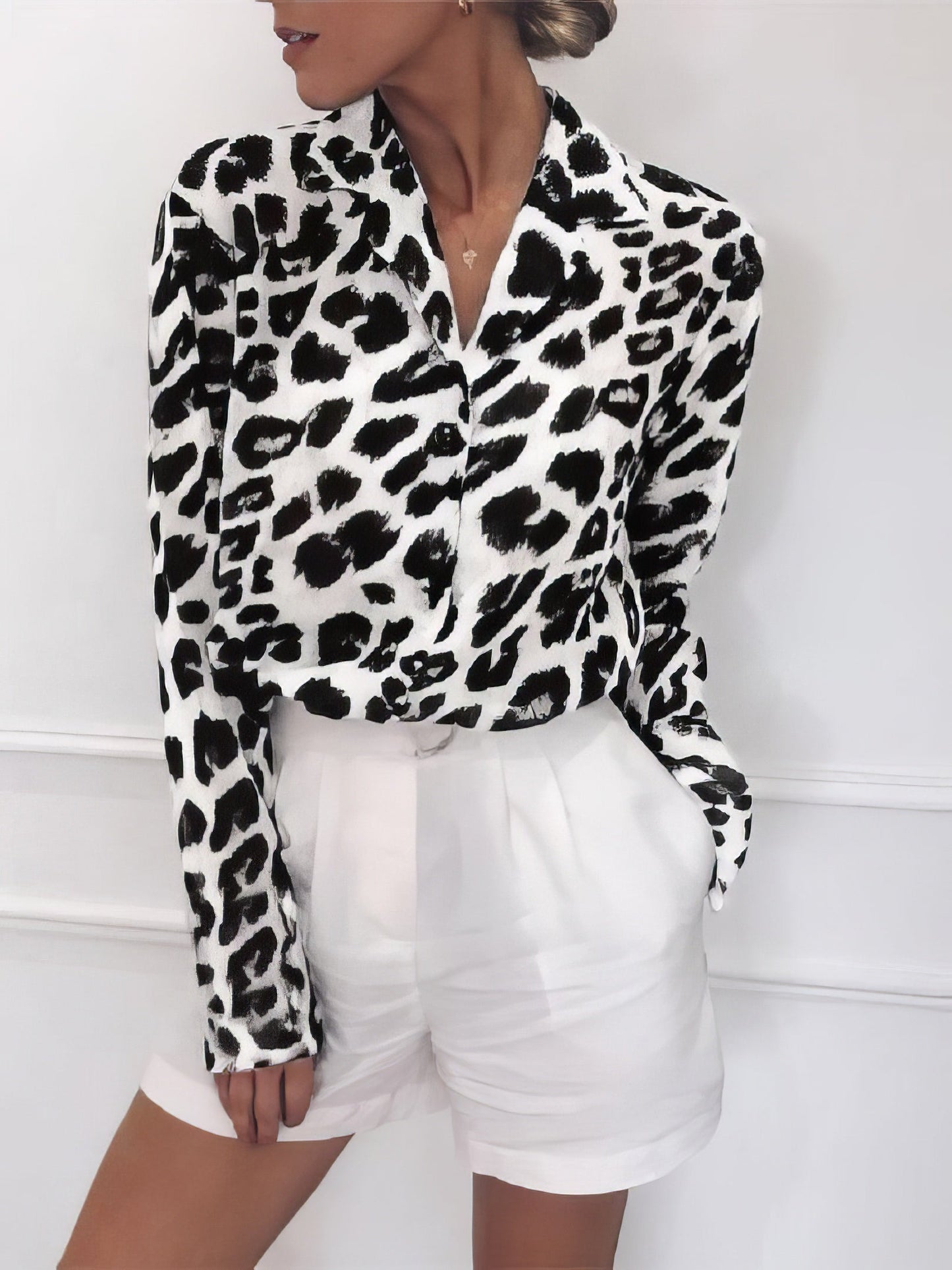 Blouses - Leopard Print Lapel Button Long Sleeve Blouse - MsDressly