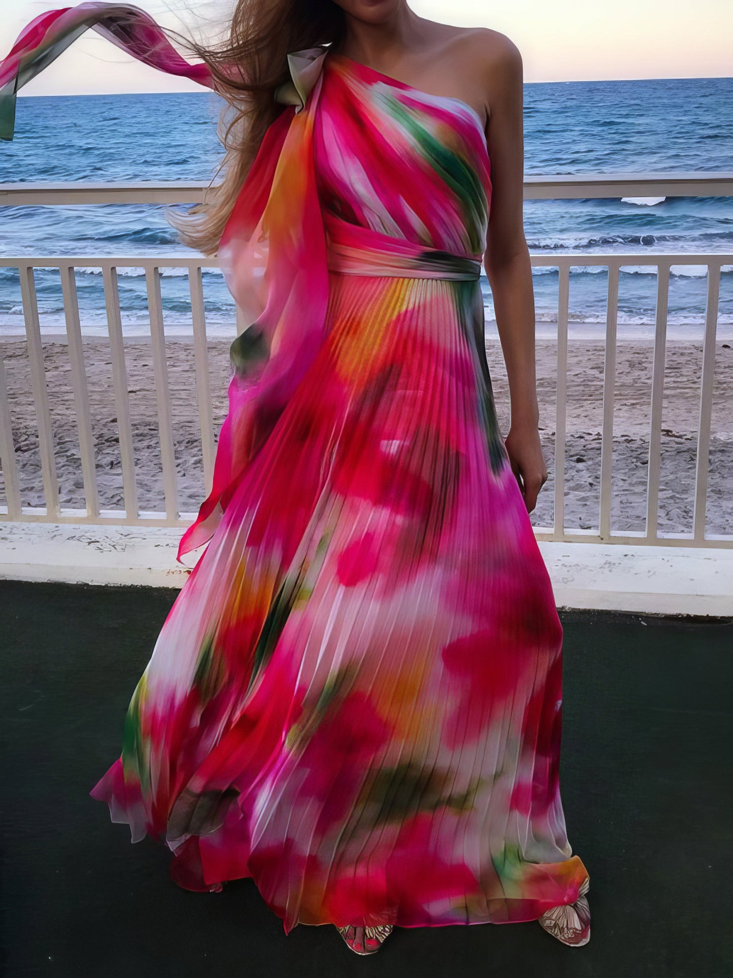 Maxi Dresses - Printed Sloping Shoulder Pleated Dress - MsDressly