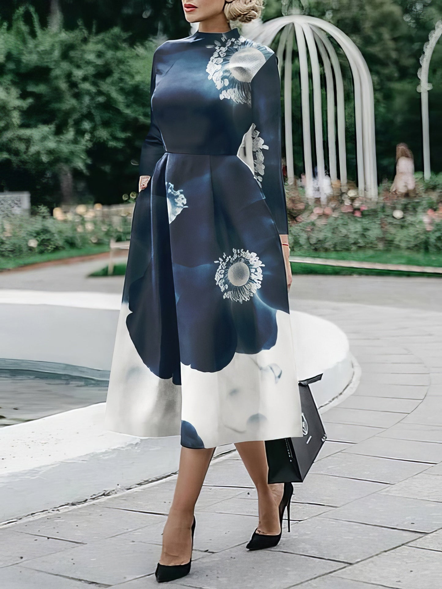 Midi Dresses - Long Sleeve Fitted Printed Midi Dress - MsDressly