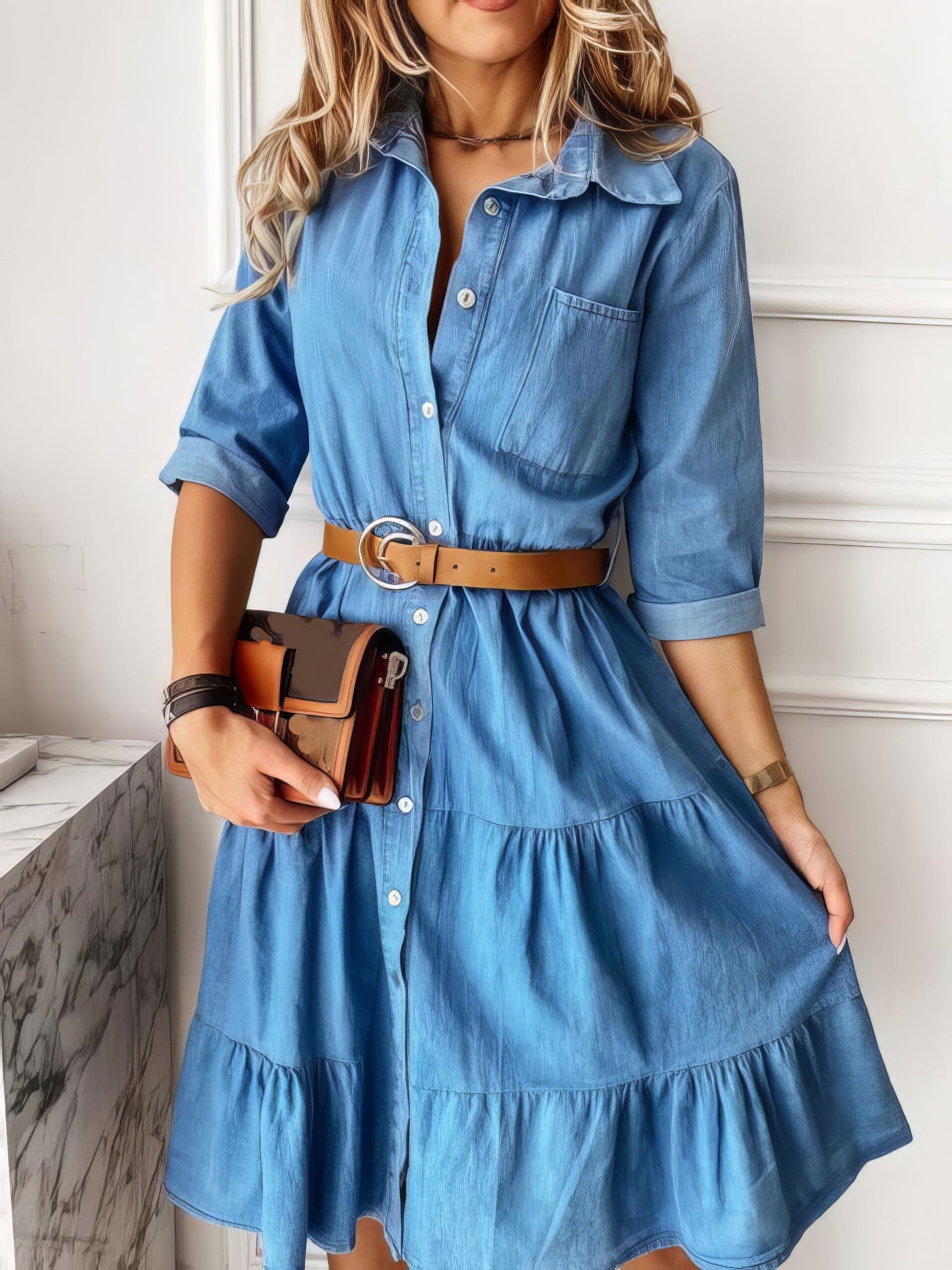 Midi Dresses - Lapel Button Pocket Denim Shirt Dress - MsDressly