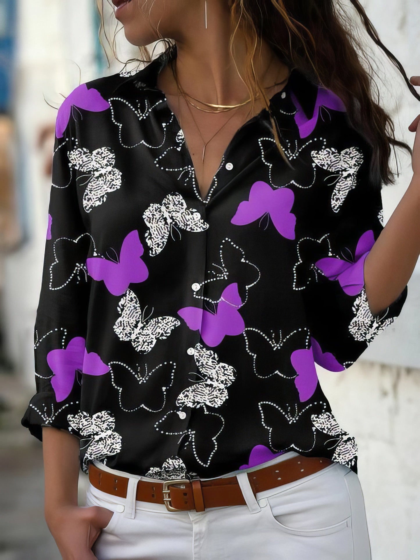 Blouses - Butterfly Print Button Long Sleeve Blouse - MsDressly