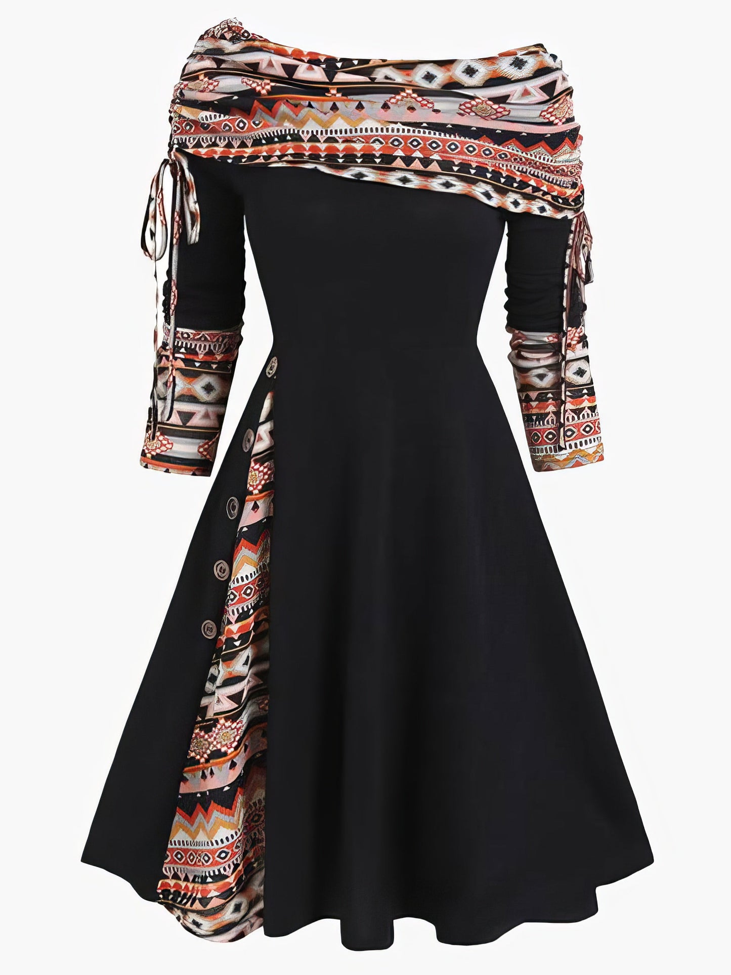 Midi Dresses - Off Shoulder Drawstring Long Sleeve Dress - MsDressly