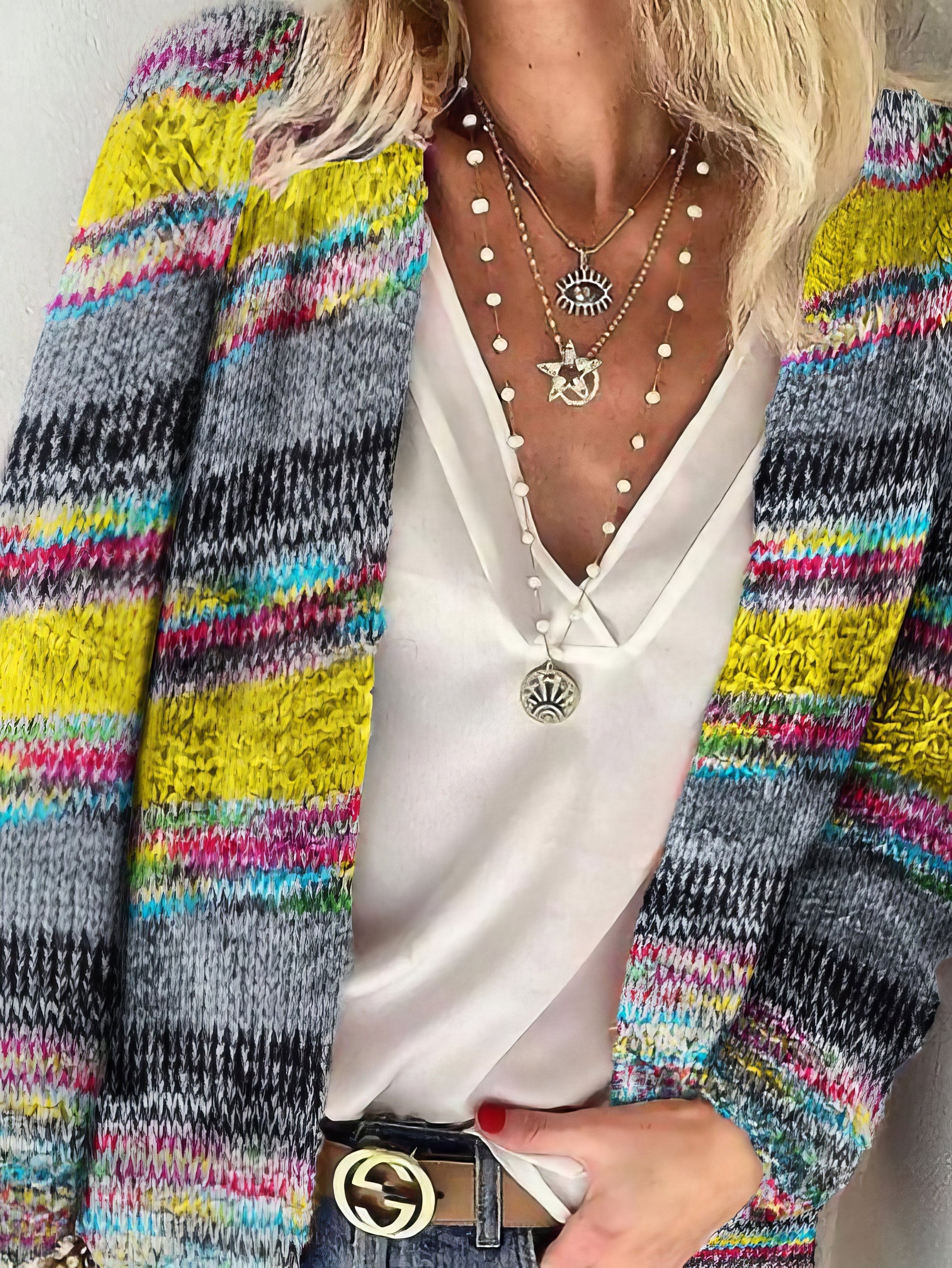 Cardigans - Printed Multicolor Striped Commuter Slim Cardigan - MsDressly