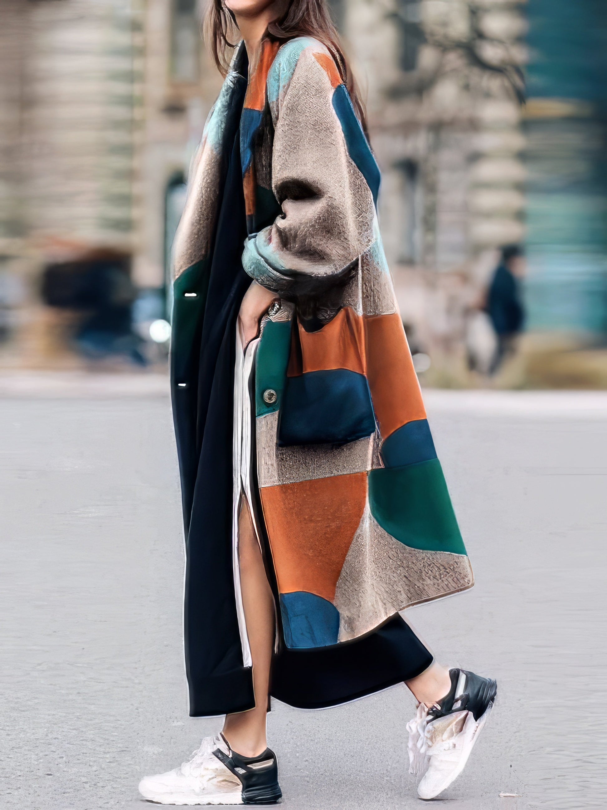 Coats - Lapel Multicolor Graphic Print Long Sleeve Coat - MsDressly