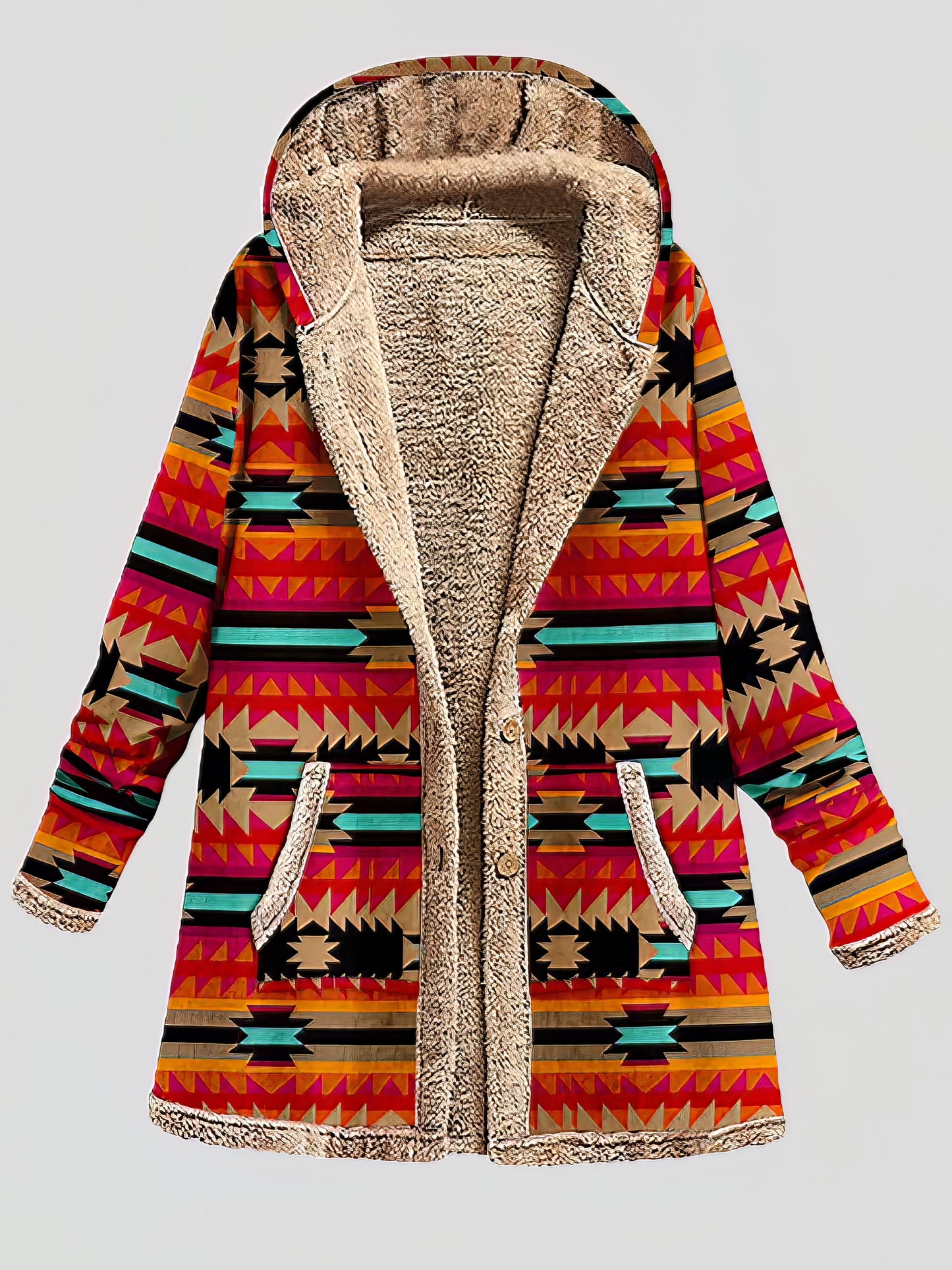 Graphic Printed Long Sleeve Pocket Button Hooded Coat