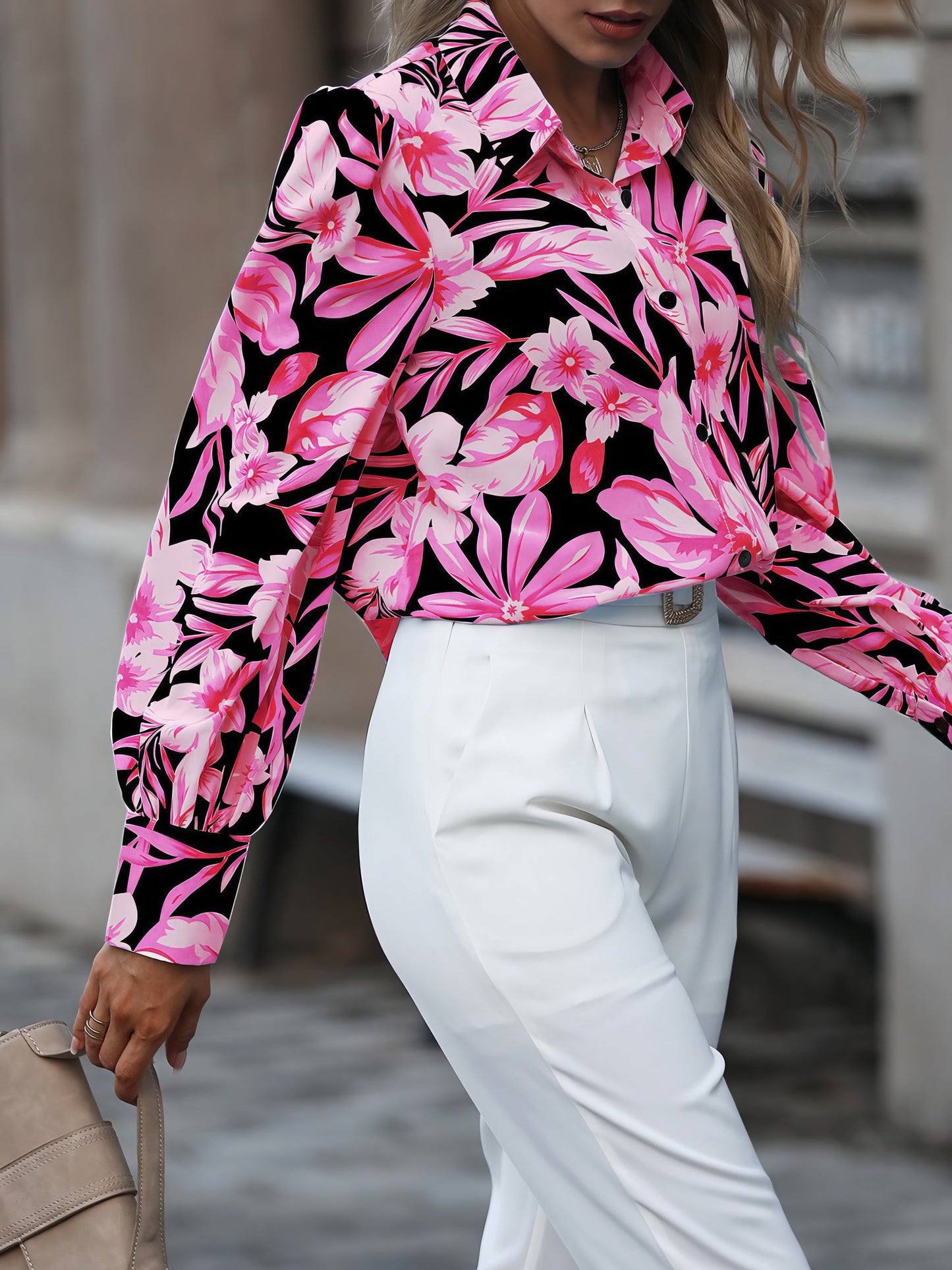 Blouses - Lapel Single Breasted Printed Long Sleeve Blouse - MsDressly