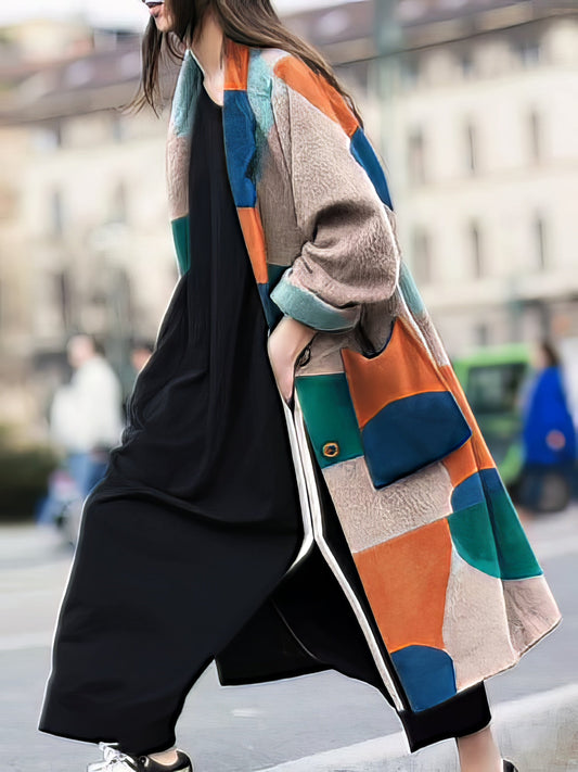 Coats - Lapel Multicolor Graphic Print Long Sleeve Coat - MsDressly