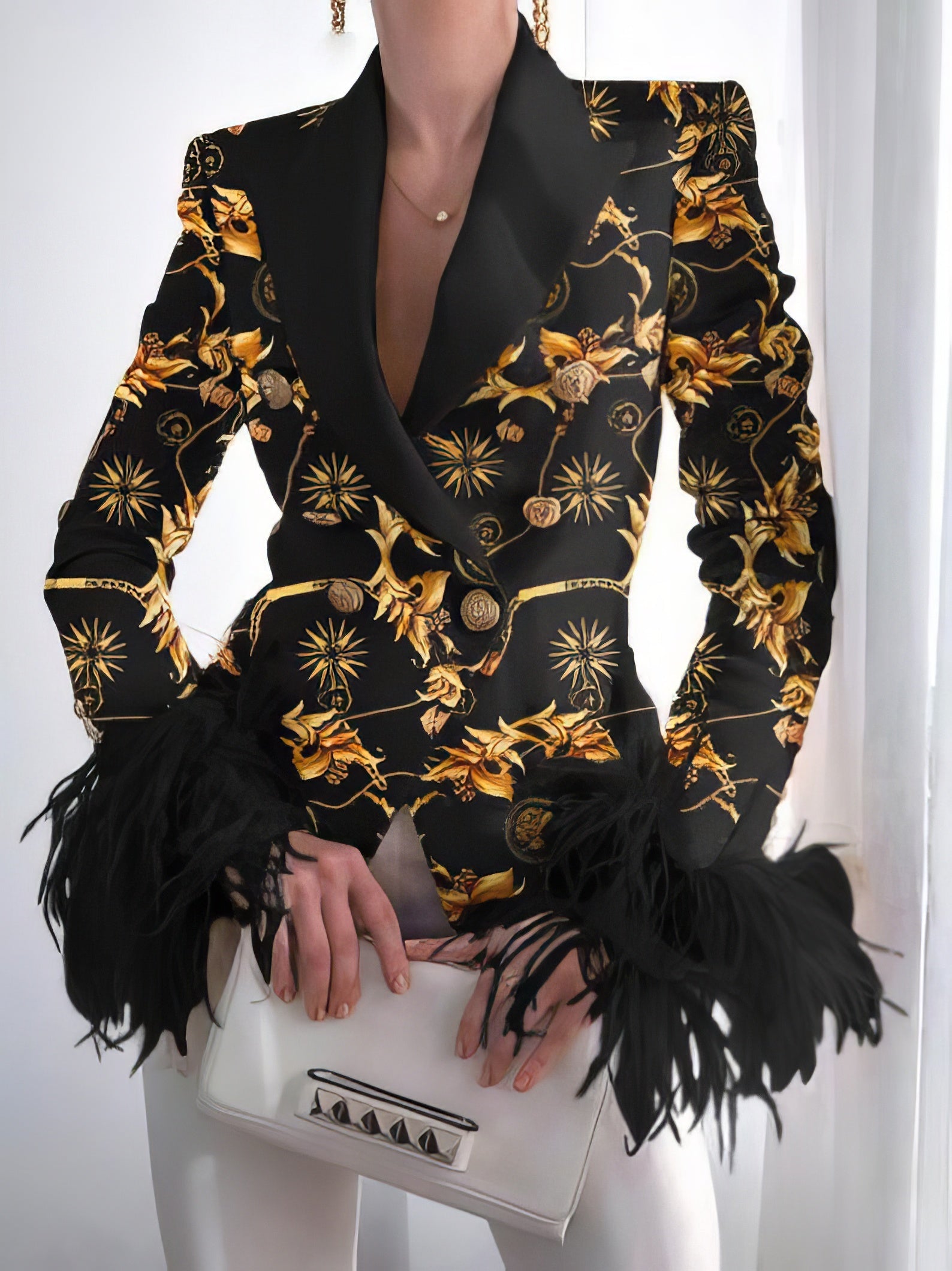 Blazers - Fashion Print Button Long Sleeve Feather Blazer - MsDressly