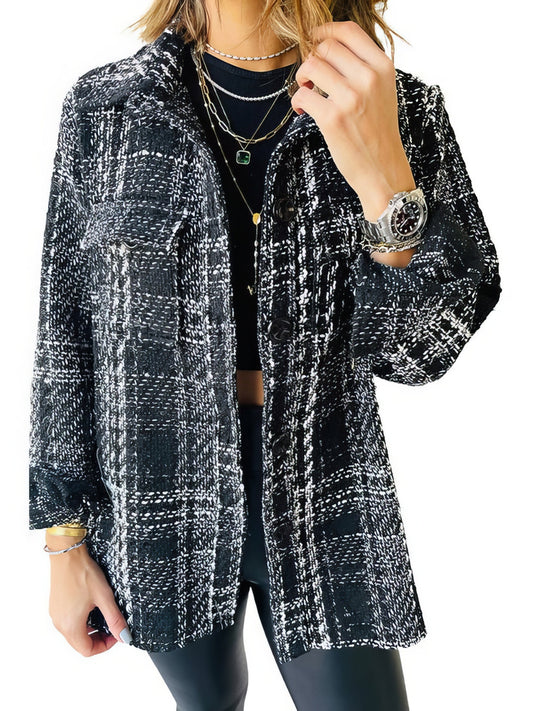 Plaid Lapel Loose Button Long Sleeves Coat