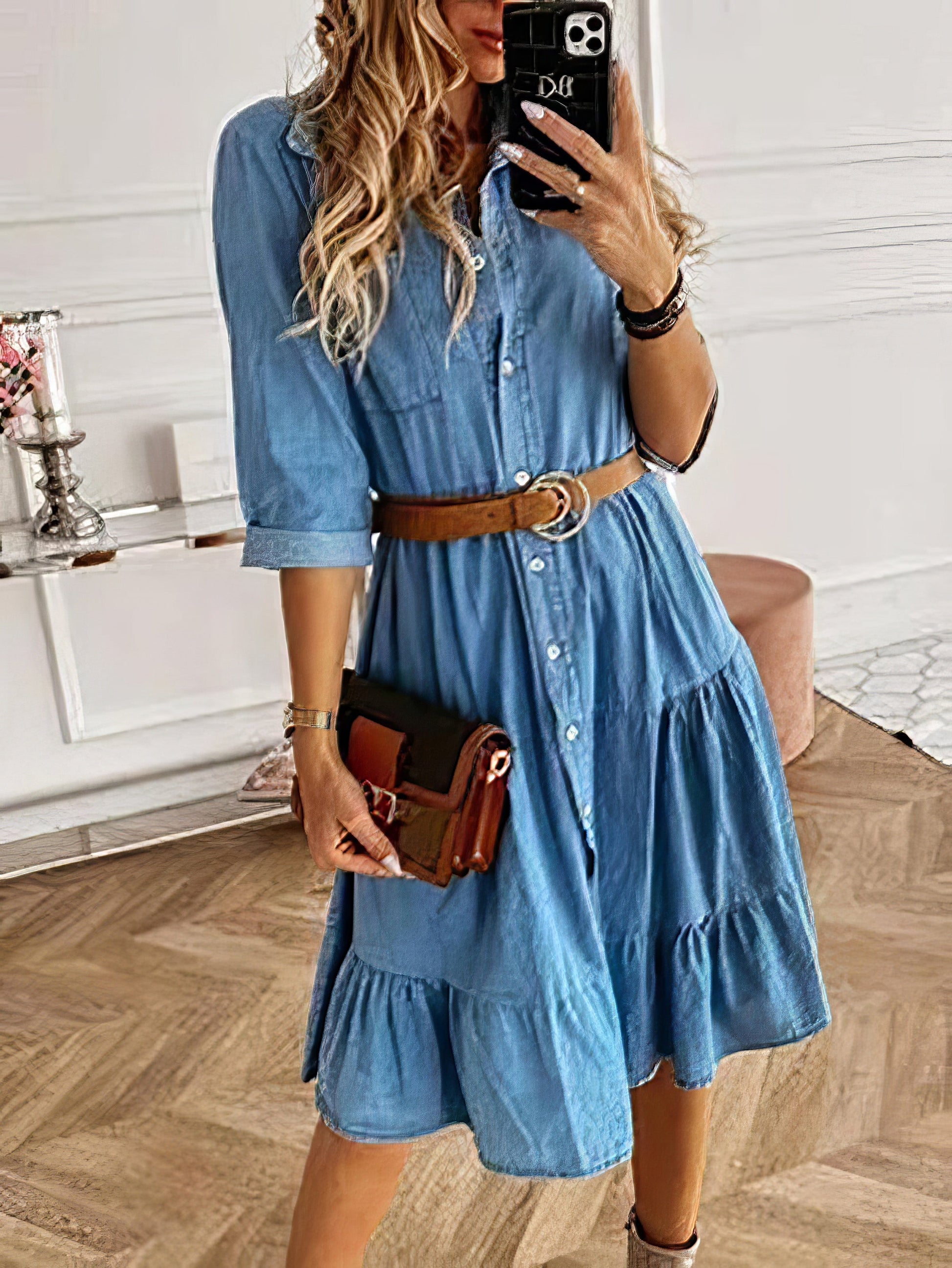 Midi Dresses - Lapel Button Pocket Denim Shirt Dress - MsDressly