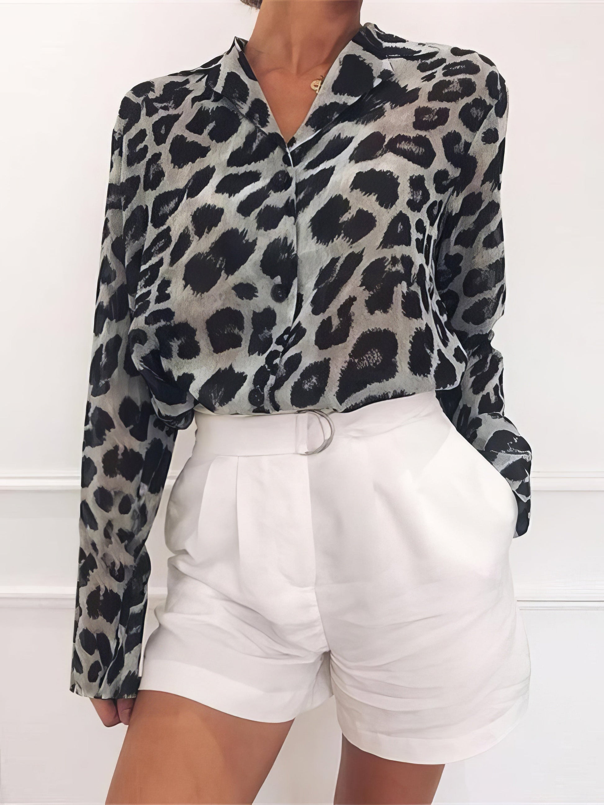 Blouses - Leopard Print Lapel Button Long Sleeve Blouse - MsDressly