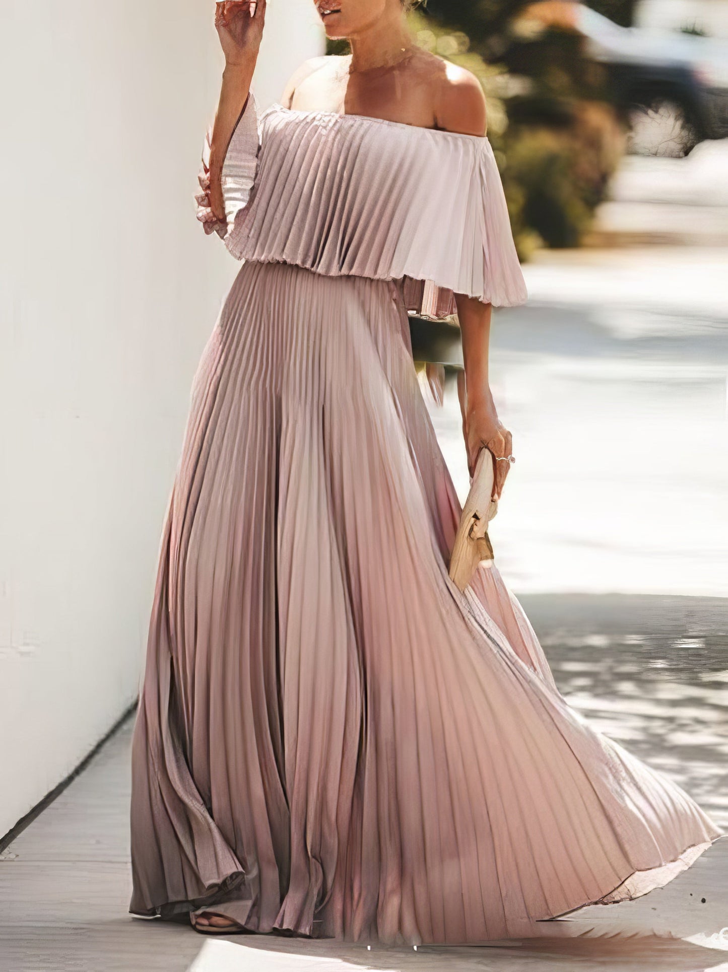 Maxi Dresses - Boat Neck One-Shoulder Pleated Chiffon Dress - MsDressly