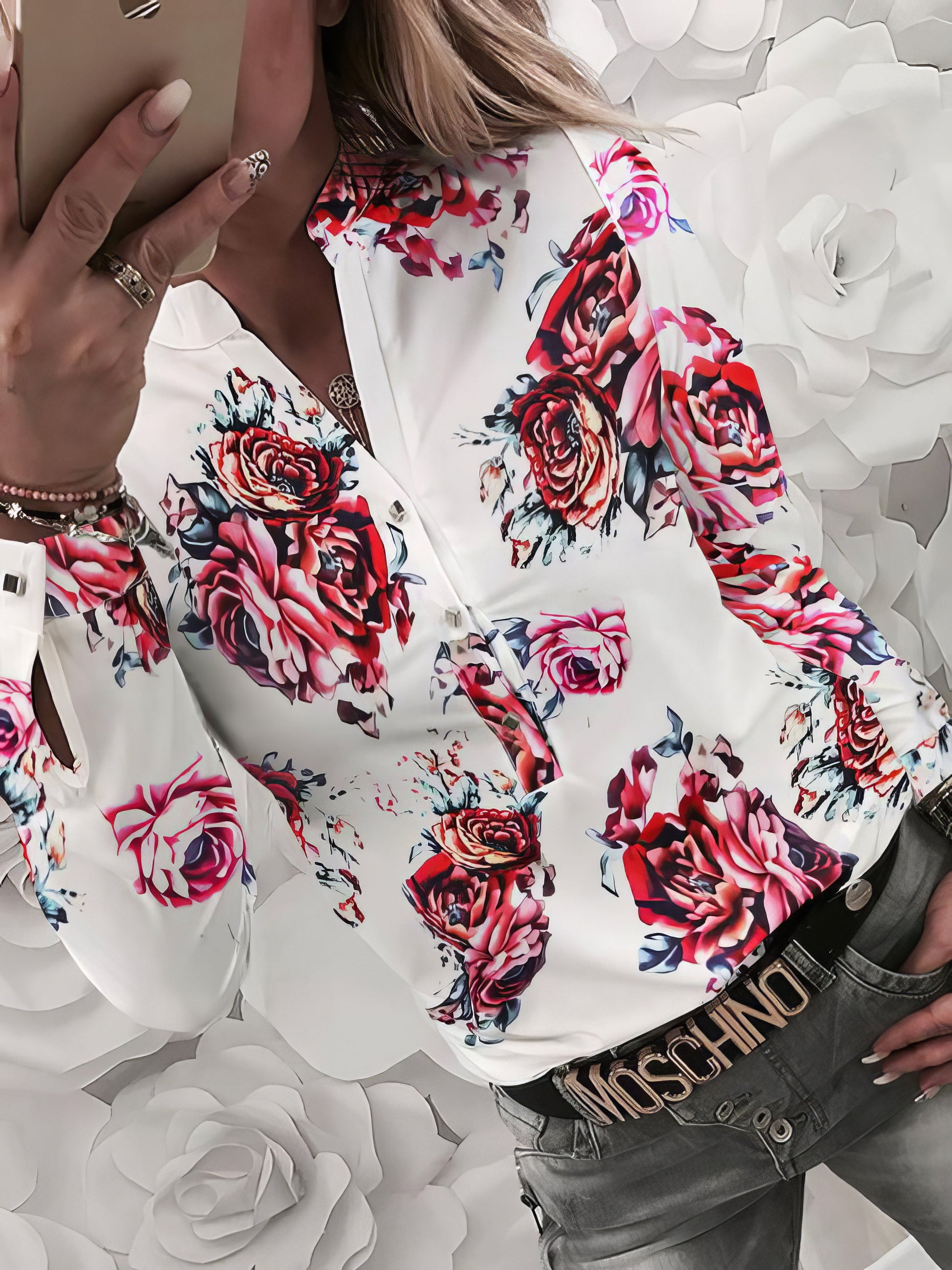 Blouses - Flower V-Neck Button Long Sleeve Blouse - MsDressly