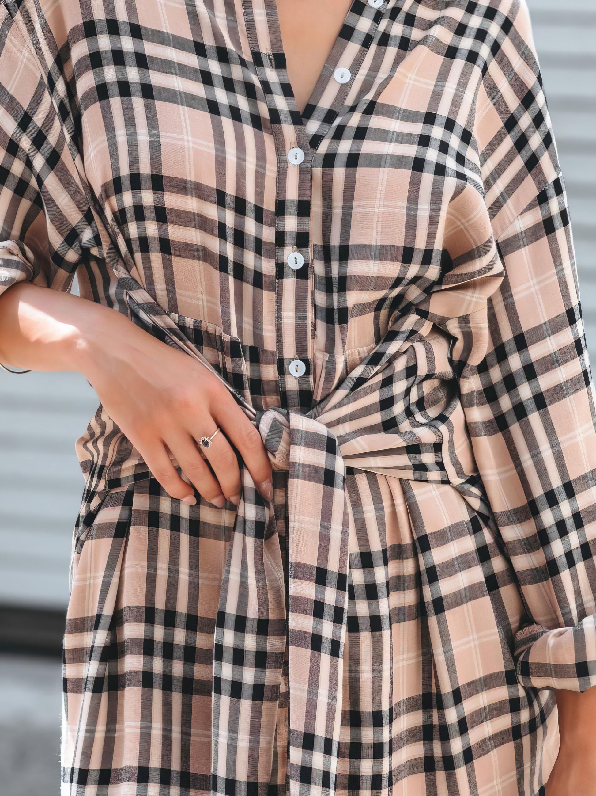 Mini Dresses - Check Print Buttons Lace-Up Shirt Dress - MsDressly