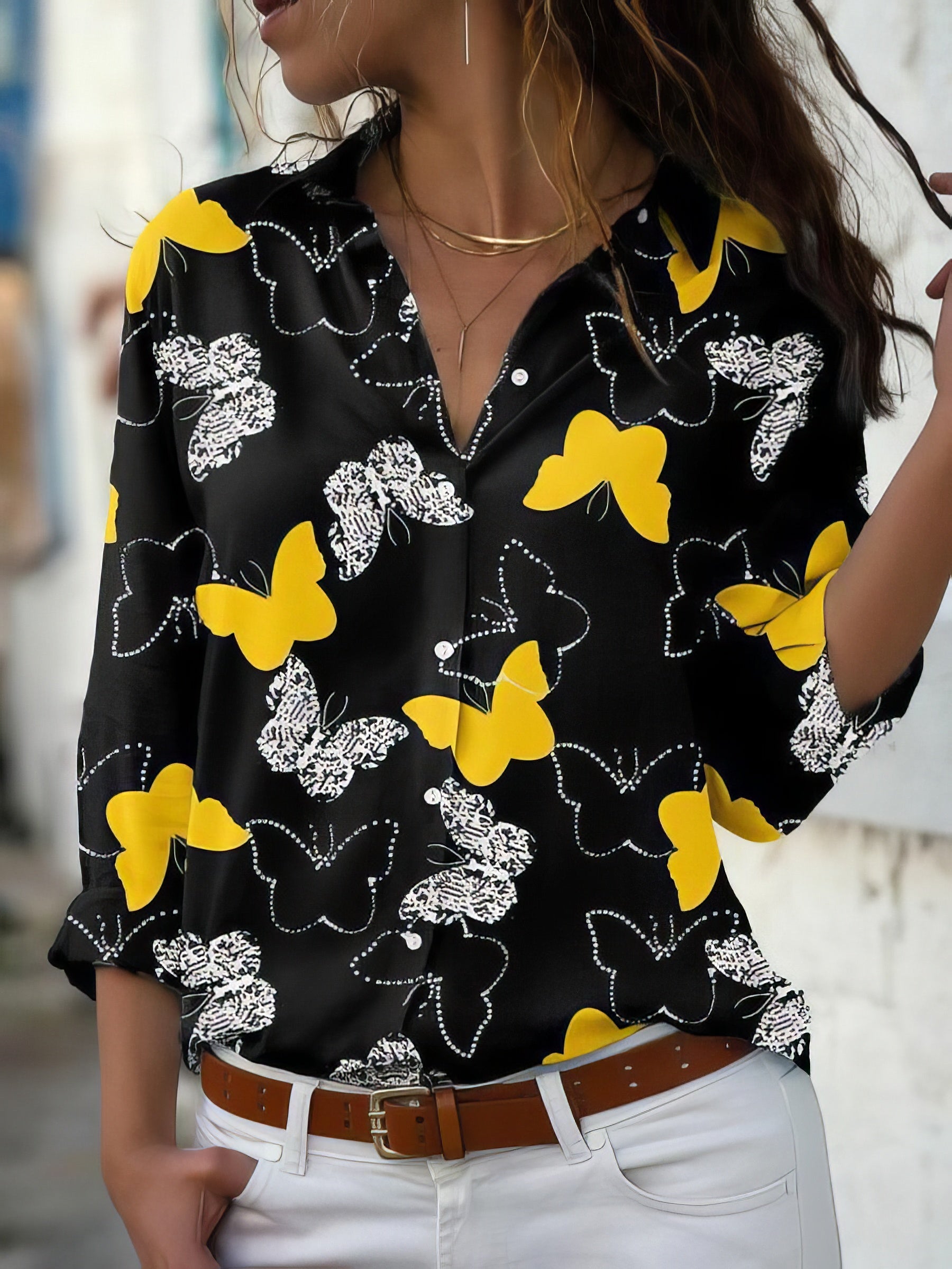 Blouses - Butterfly Print Button Long Sleeve Blouse - MsDressly