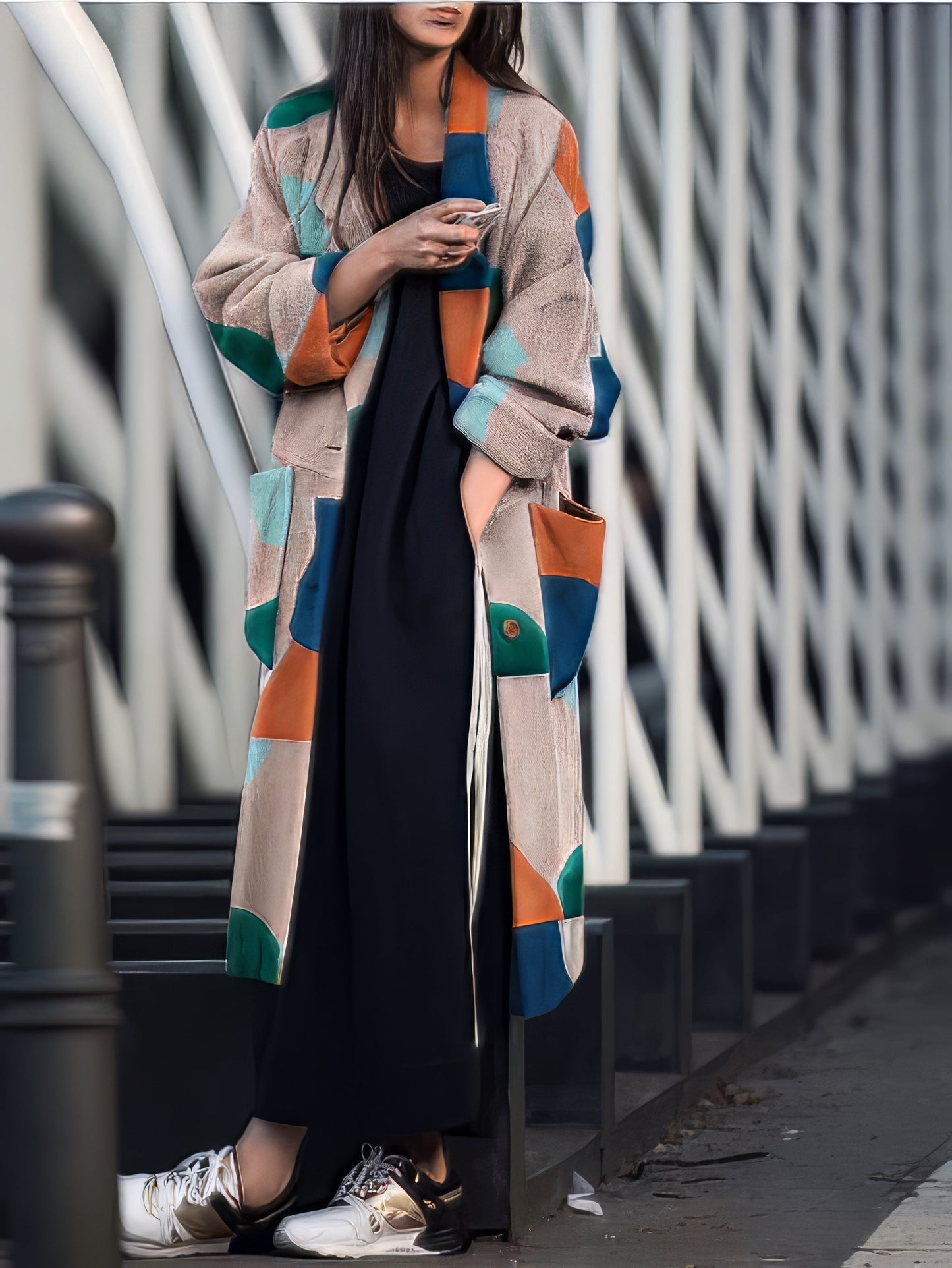 Coats - Lapel Multicolor Graphic Print Long Sleeve Coat - MsDressly