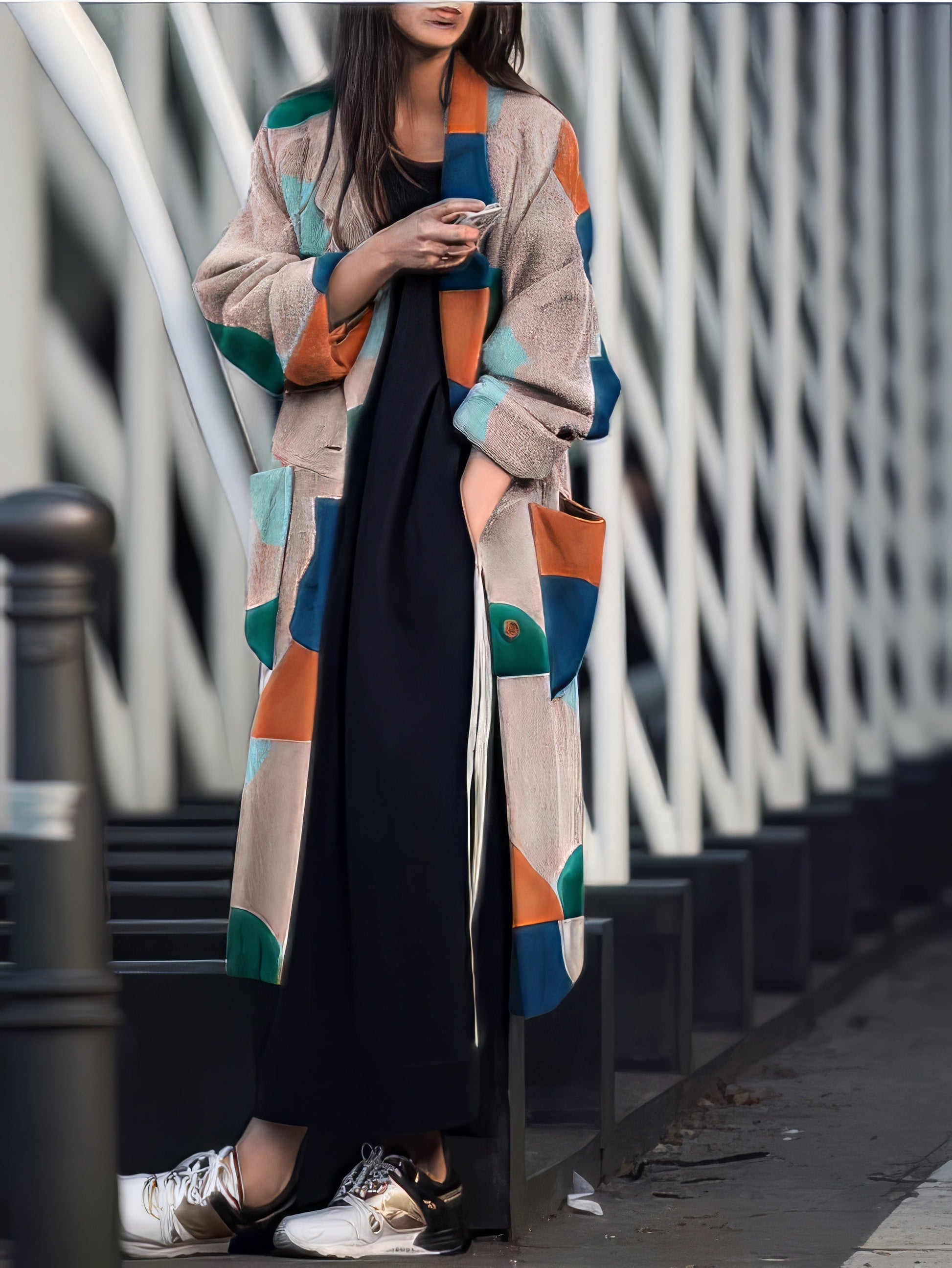 Coats - Lapel Multicolor Graphic Print Long Sleeve Coat - MsDressly