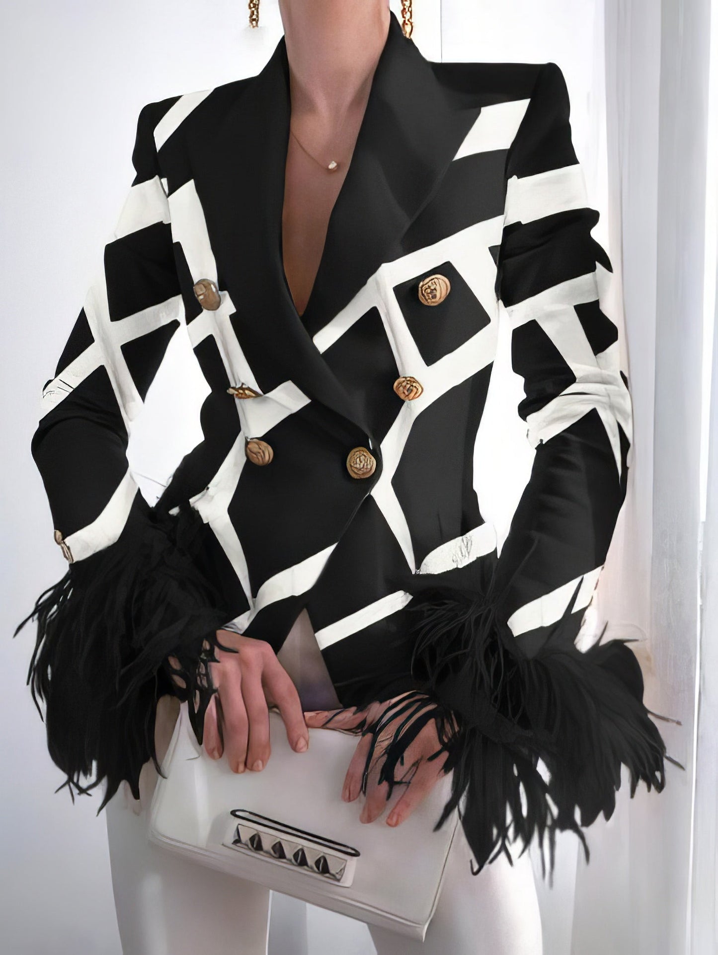 Blazers - Fashion Print Button Long Sleeve Feather Blazer - MsDressly