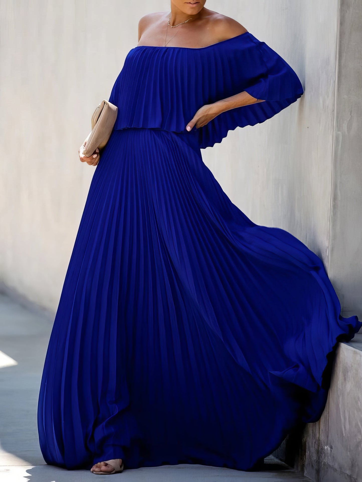 Maxi Dresses - Boat Neck One-Shoulder Pleated Chiffon Dress - MsDressly