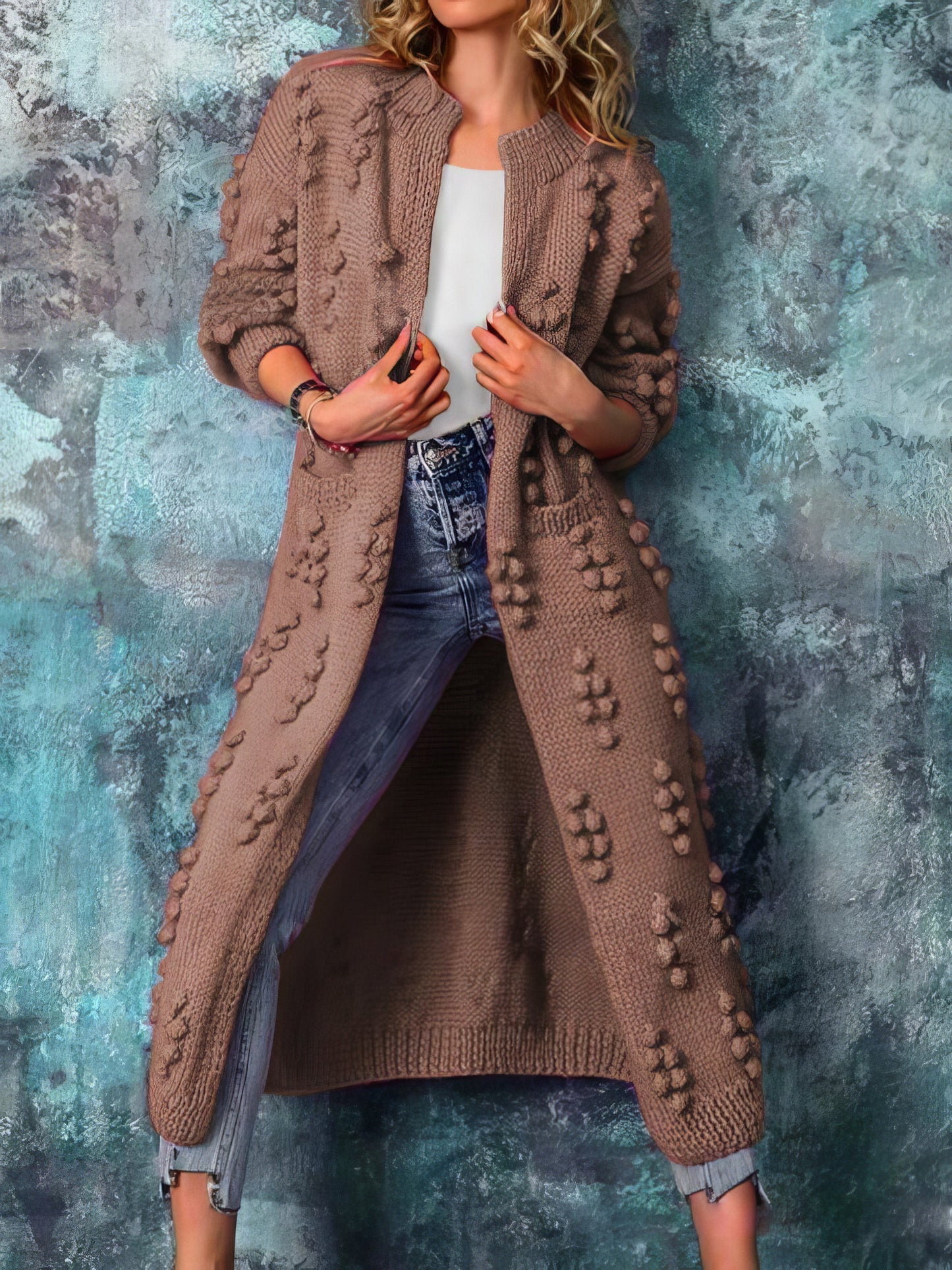 Cardigans - Solid Jacquard Long Sweater Cardigan - MsDressly