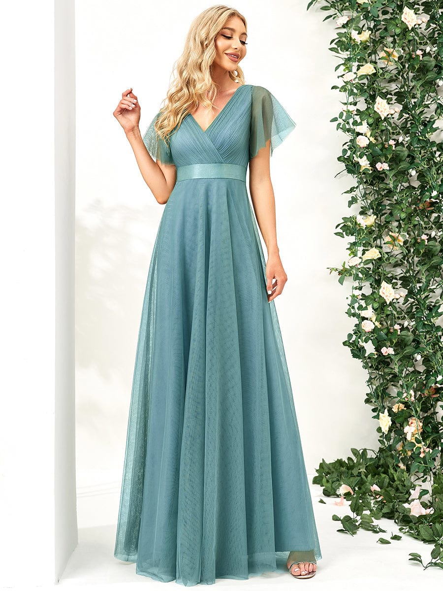 A-Line Floor-Length Women's Bridesmaid Dress with V-Neck and Flutter Sleeves