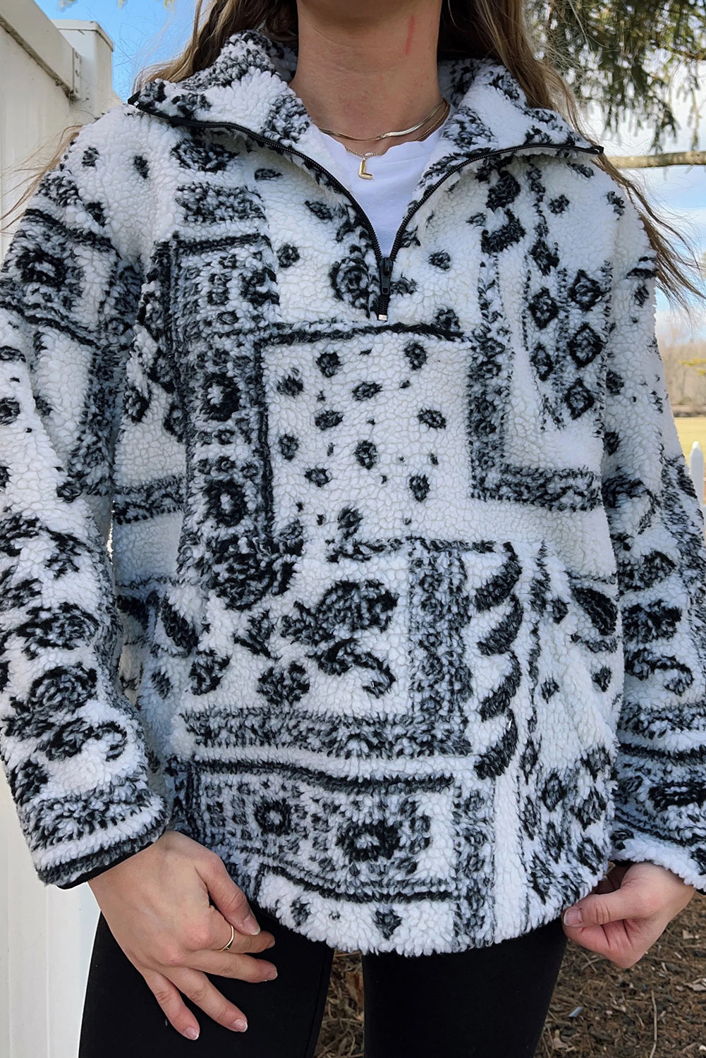 Black Sherpa Quarter Zip Western Print Oversize Sweatshirt