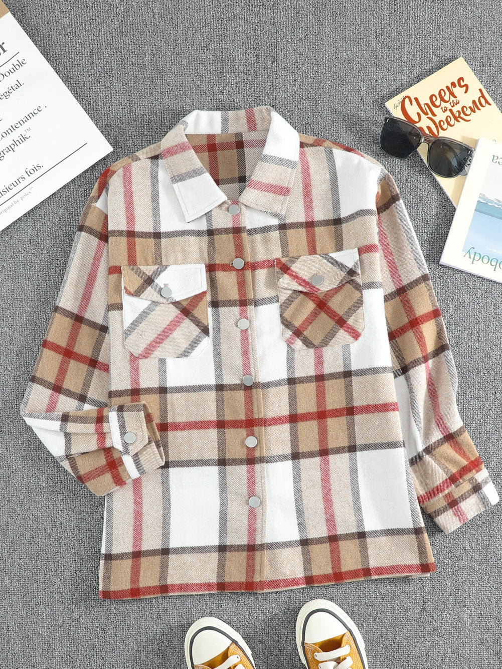 Khaki Plaid Print Sheath Button-Up Coat with Pockets