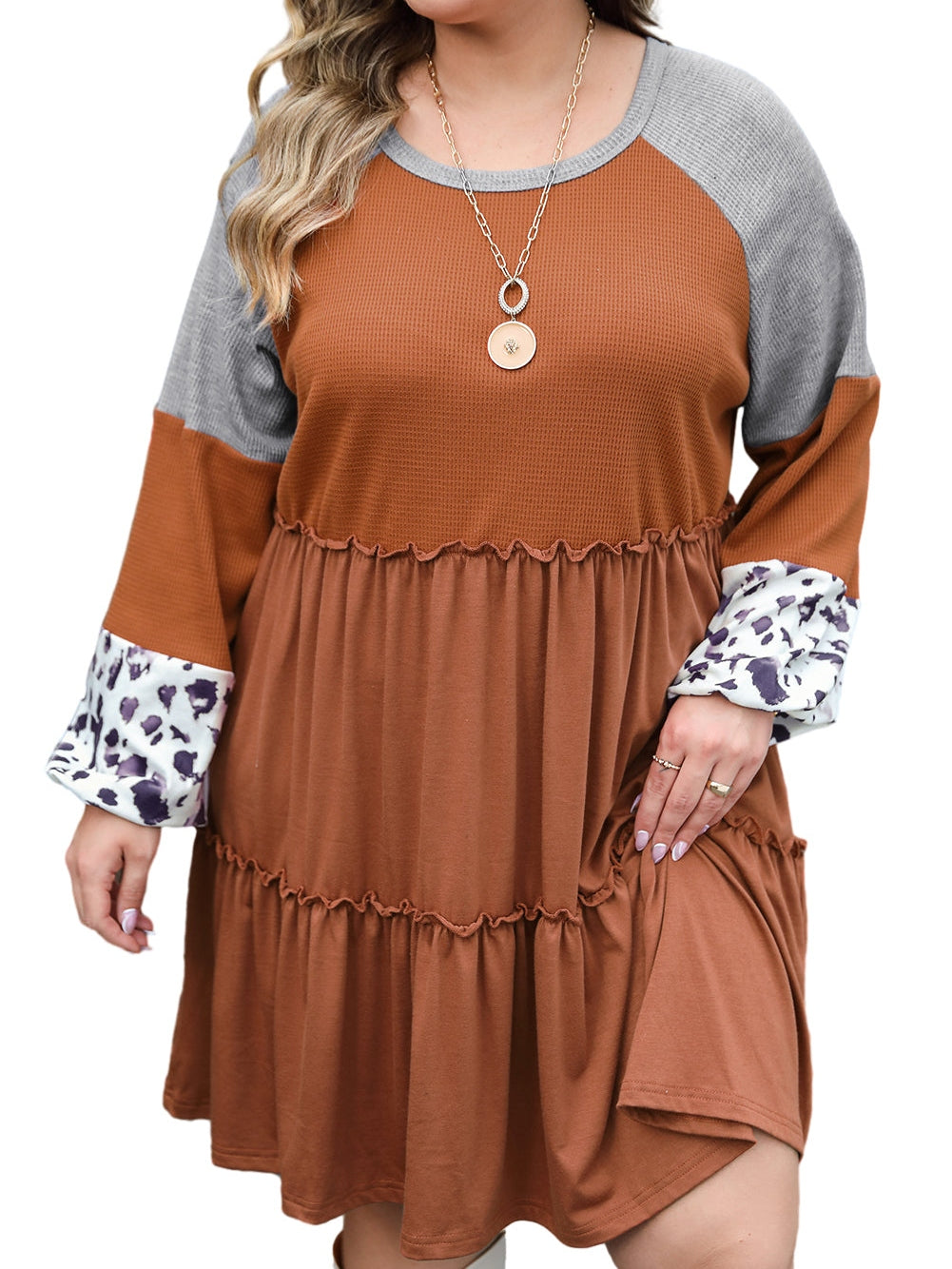 Gold Flame Plus Size Waffle Leopard Long Sleeve Ruffle Mini Dress