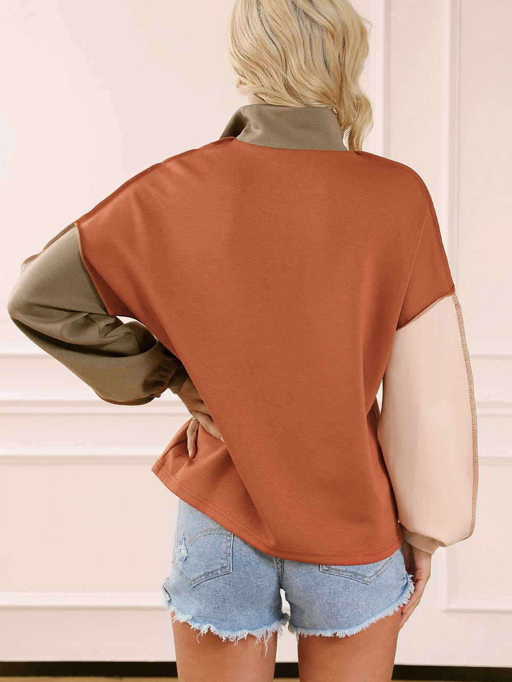Khaki Zippered V-Neck Color Block Sweatshirt