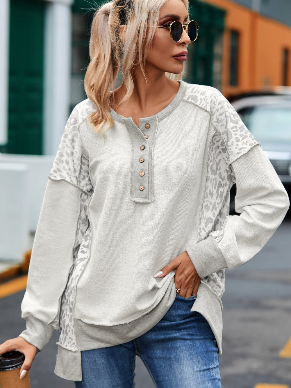Leopard Patchwork Gray Buttoned Neck Pullover Sweatshirt