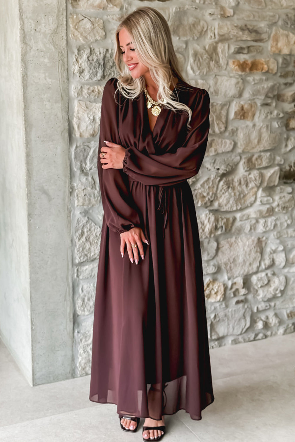 Dark Brown Solid Color Long Sleeve V Neck Pleated High Waist Maxi Dress