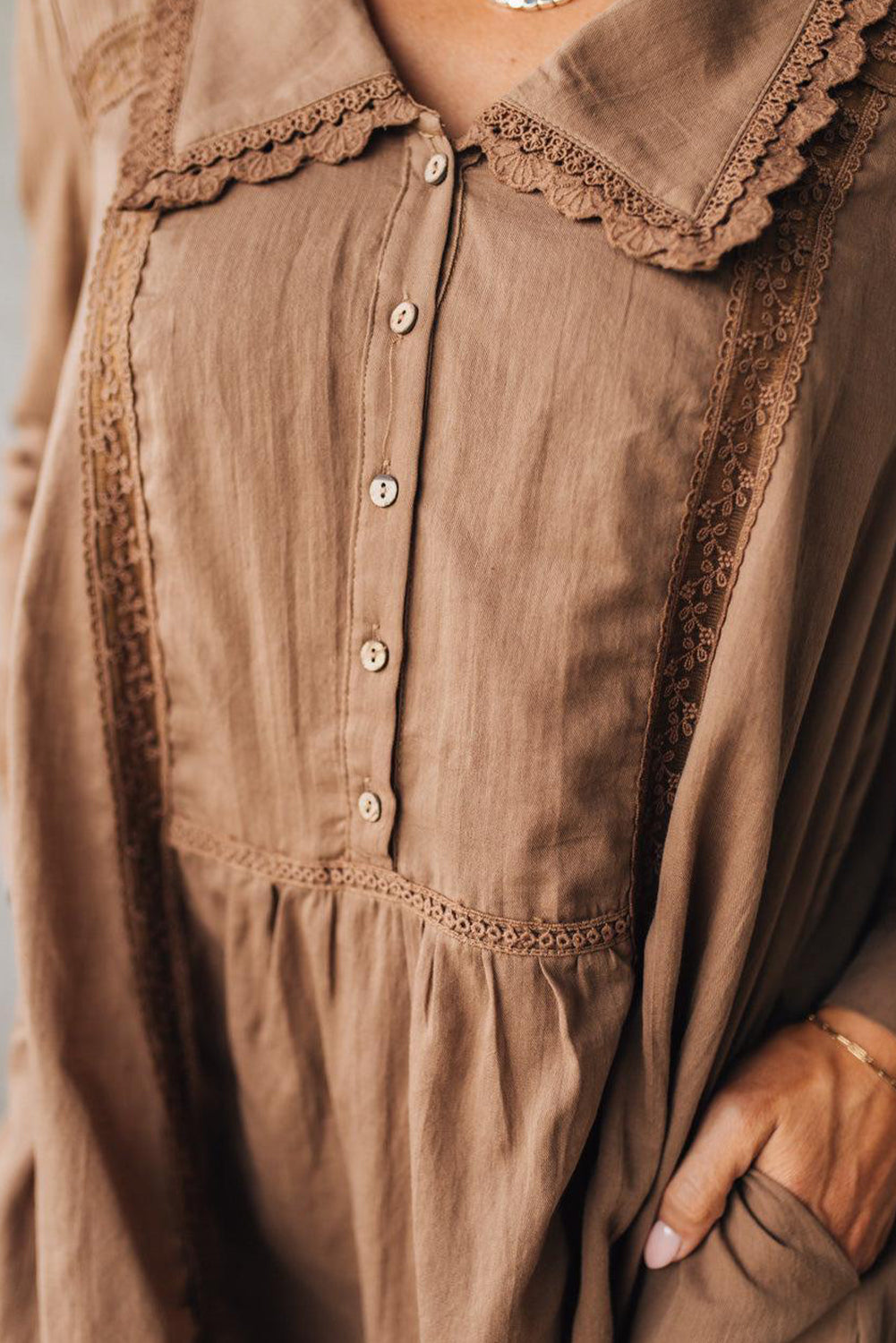 Straw Yellow Lace Trim Peter Pan Collar Long Sleeve Mini Shirt Dress