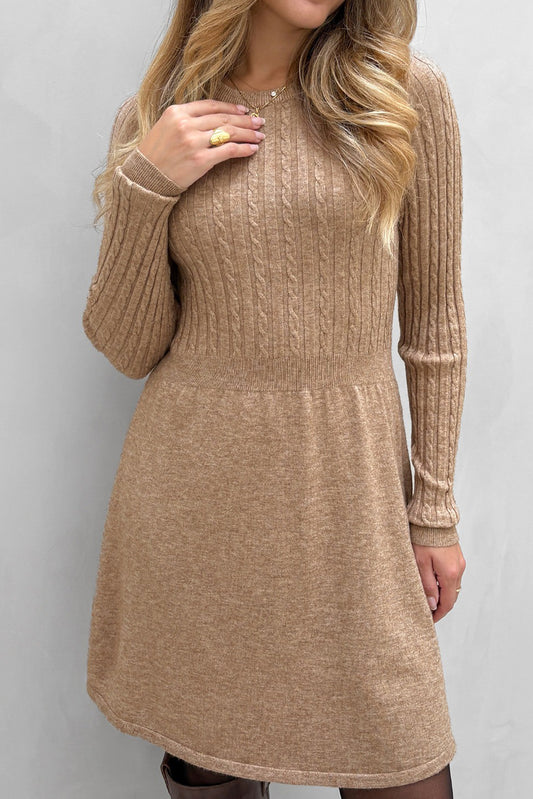 Smoke Gray Long Sleeve Cable Knit Bodice Sweater Mini Dress