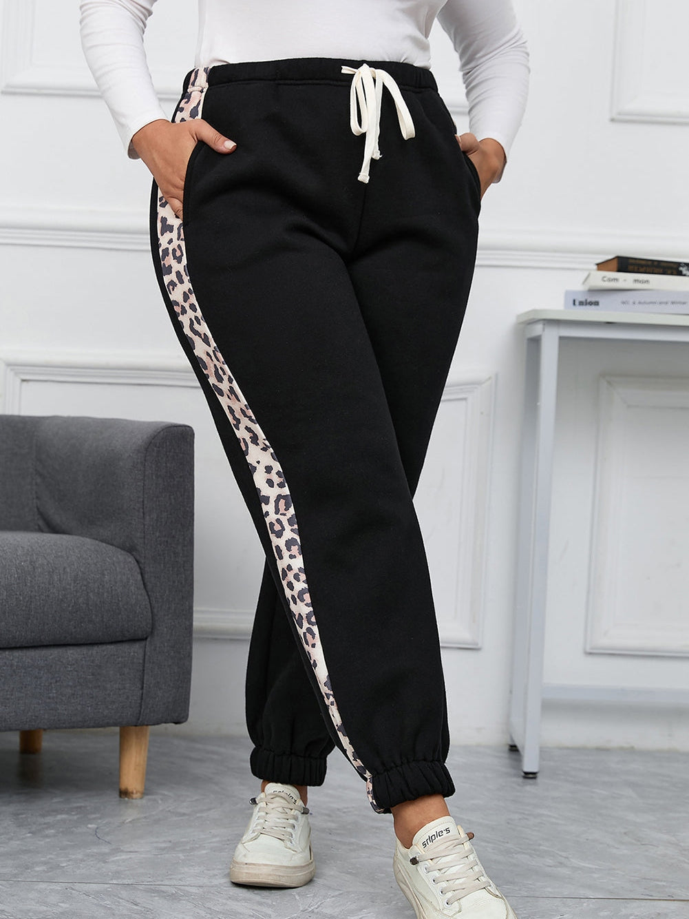 Leopard Patchwork High Waist Joggers for Plus Size Women