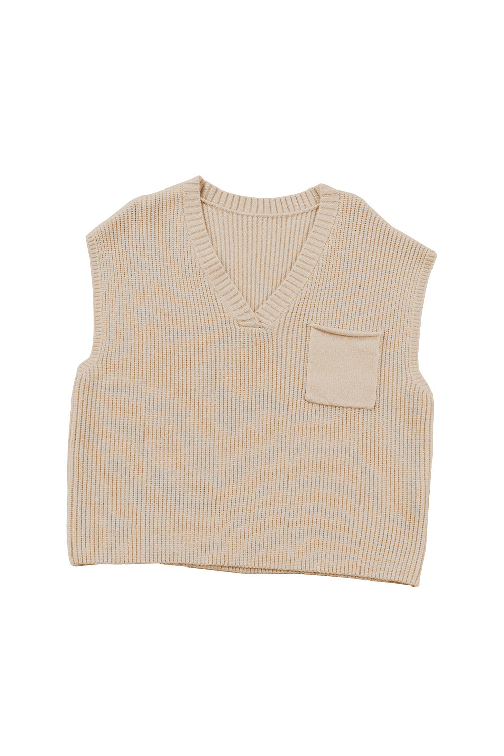 Apricot Ribbed V Neck Cap Sleeve Sweater with Chest Pocket