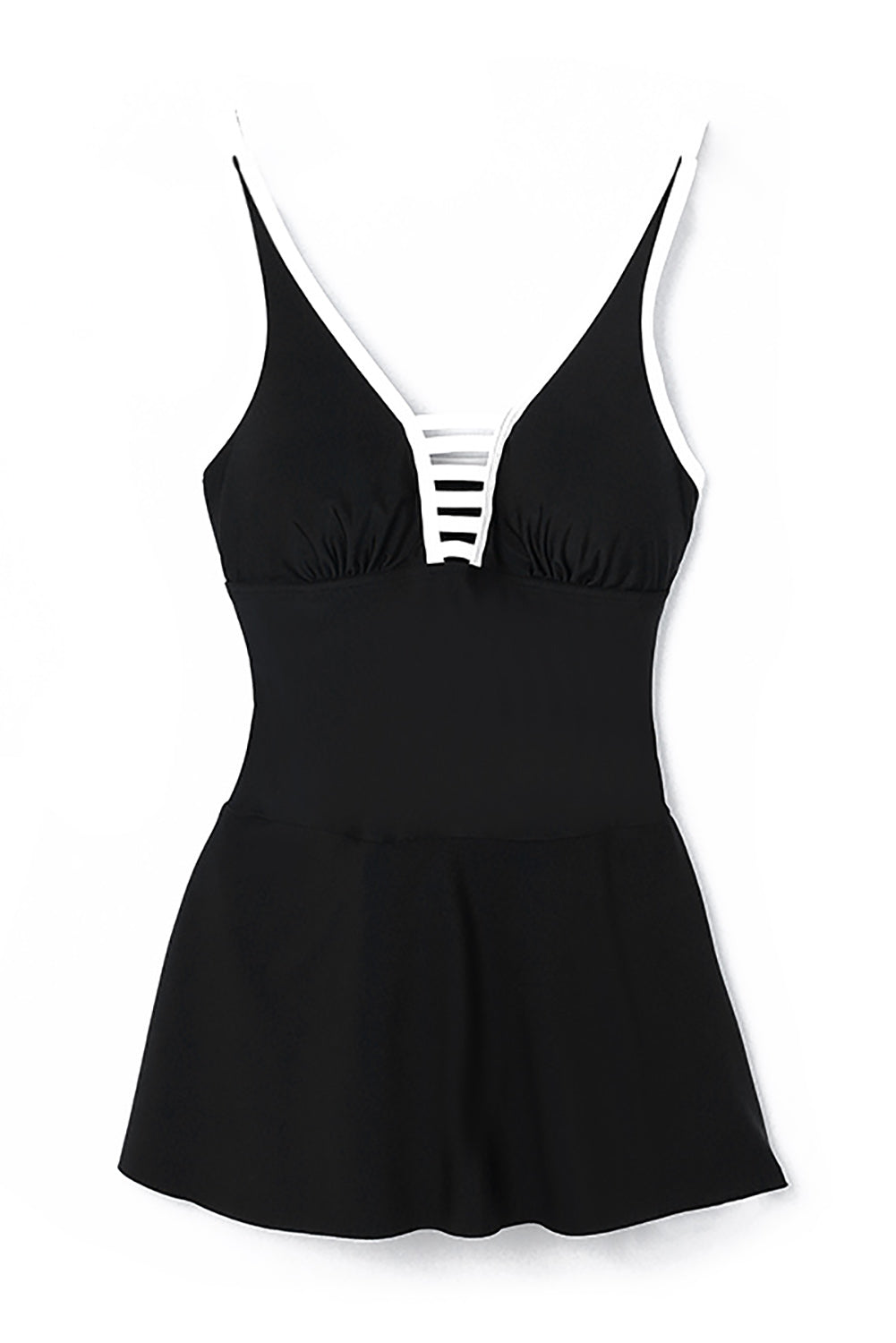 Strappy Black V Neck Swimdress with Side Slit