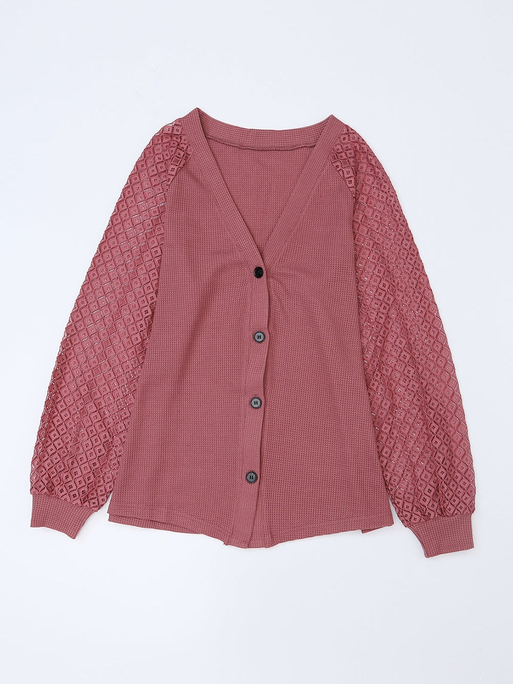 Lacy Waffle Knit Button-Up Cardigan with Long Sleeves