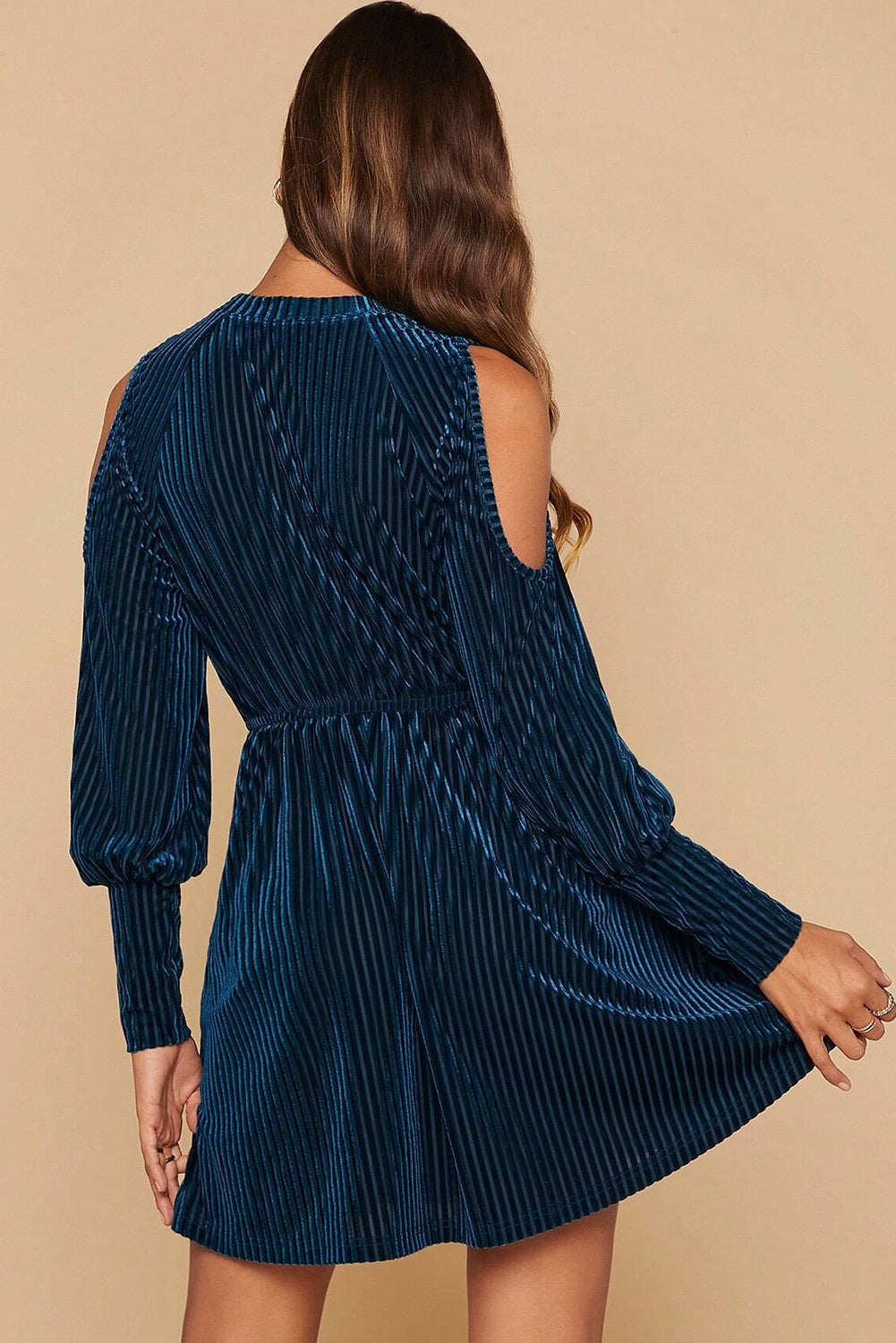 Sail Blue Velvet Textured Cold Shoulder Bishop Sleeve Flared Mini Dress