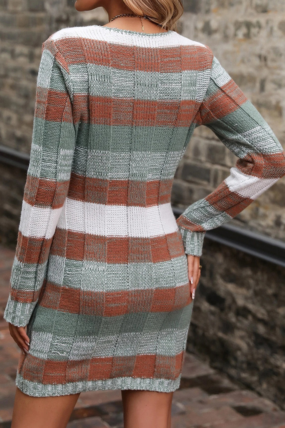 Green Stripe Textured Knit V Neck Bodycon Sweater Mini Dress