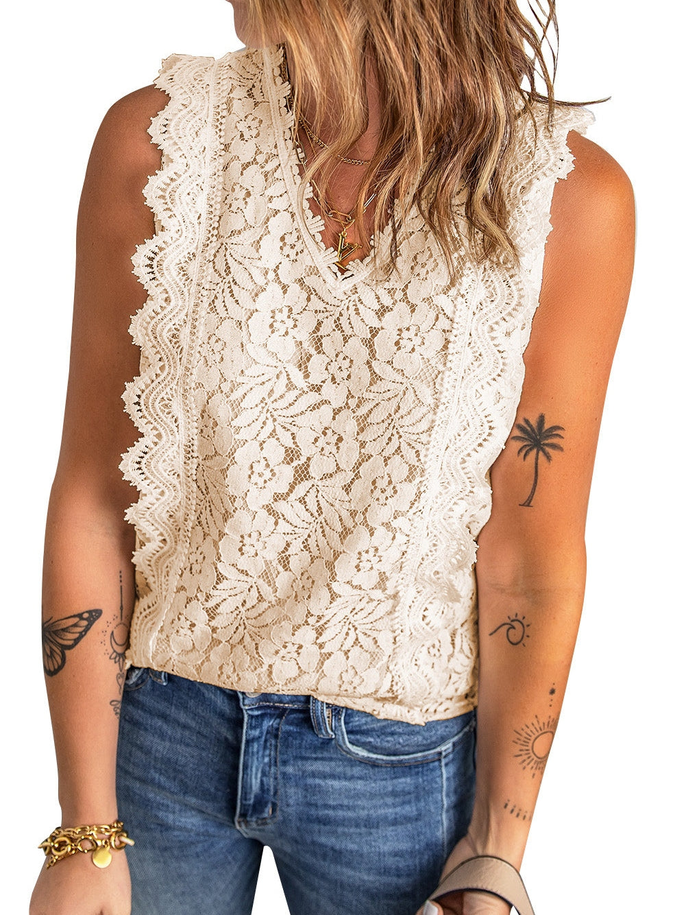 Floral Lace Sleeveless V-Neck Tank Top