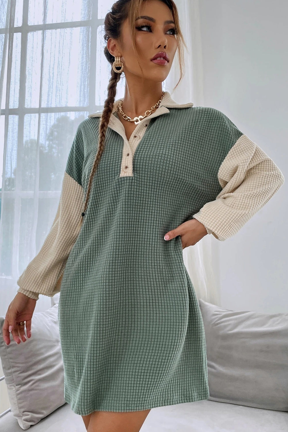 Green Bay Lattice Textured Color Block Patchwork Long Sleeve Button Collared Mini Dress