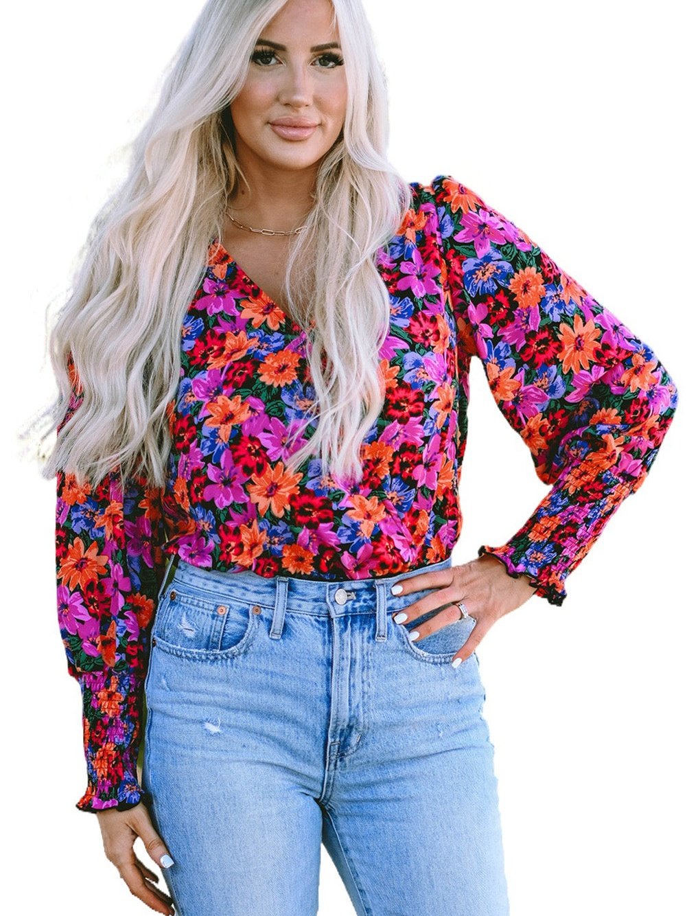 Elegant Floral Wrap V Neck Long Sleeve Body Suit