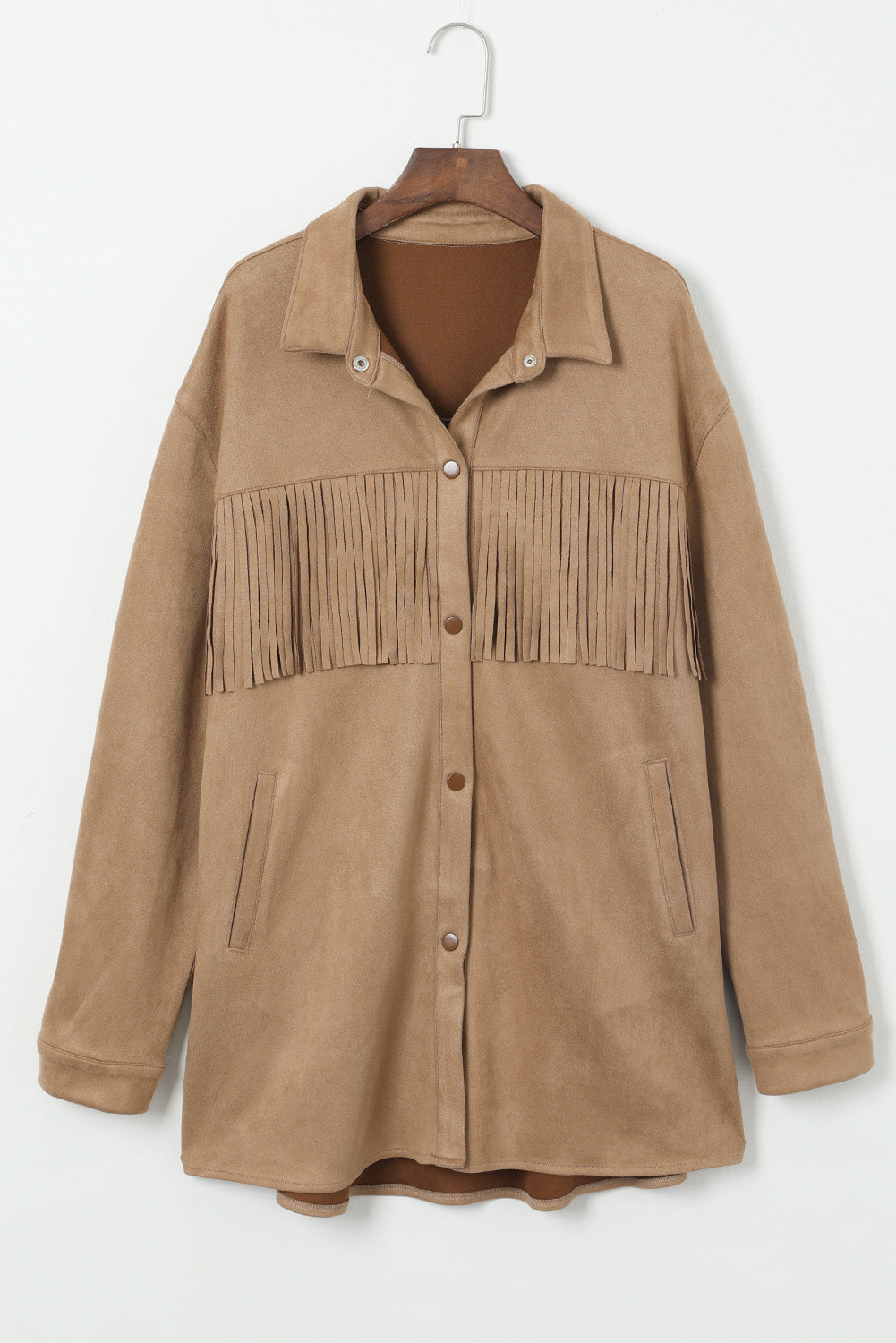 Khaki Suede Shacket with Fringe Detail for Plus Size Women