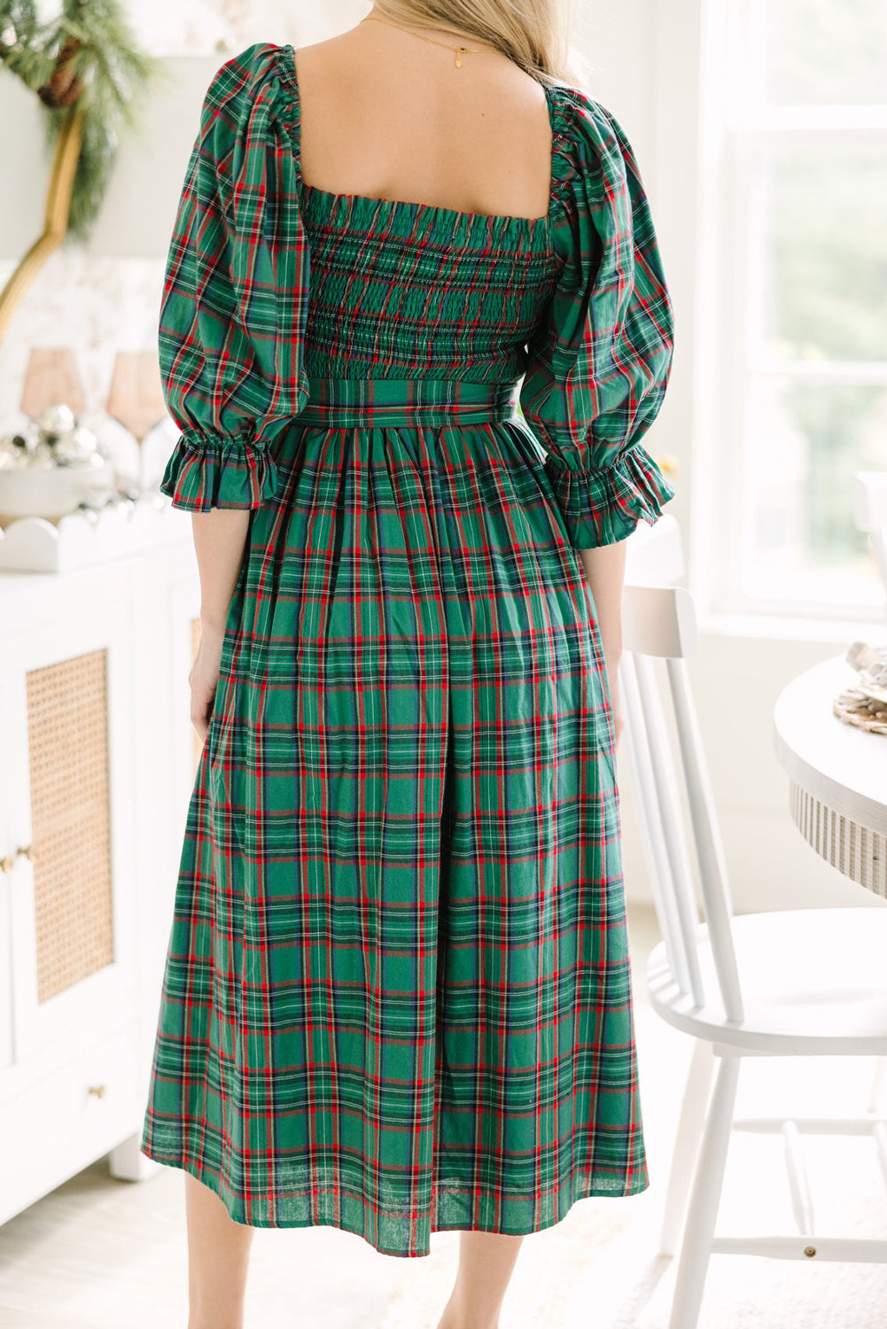 Green Tartan Plaid Square Neck Puff Sleeve Knot Waist Flared Midi Dress