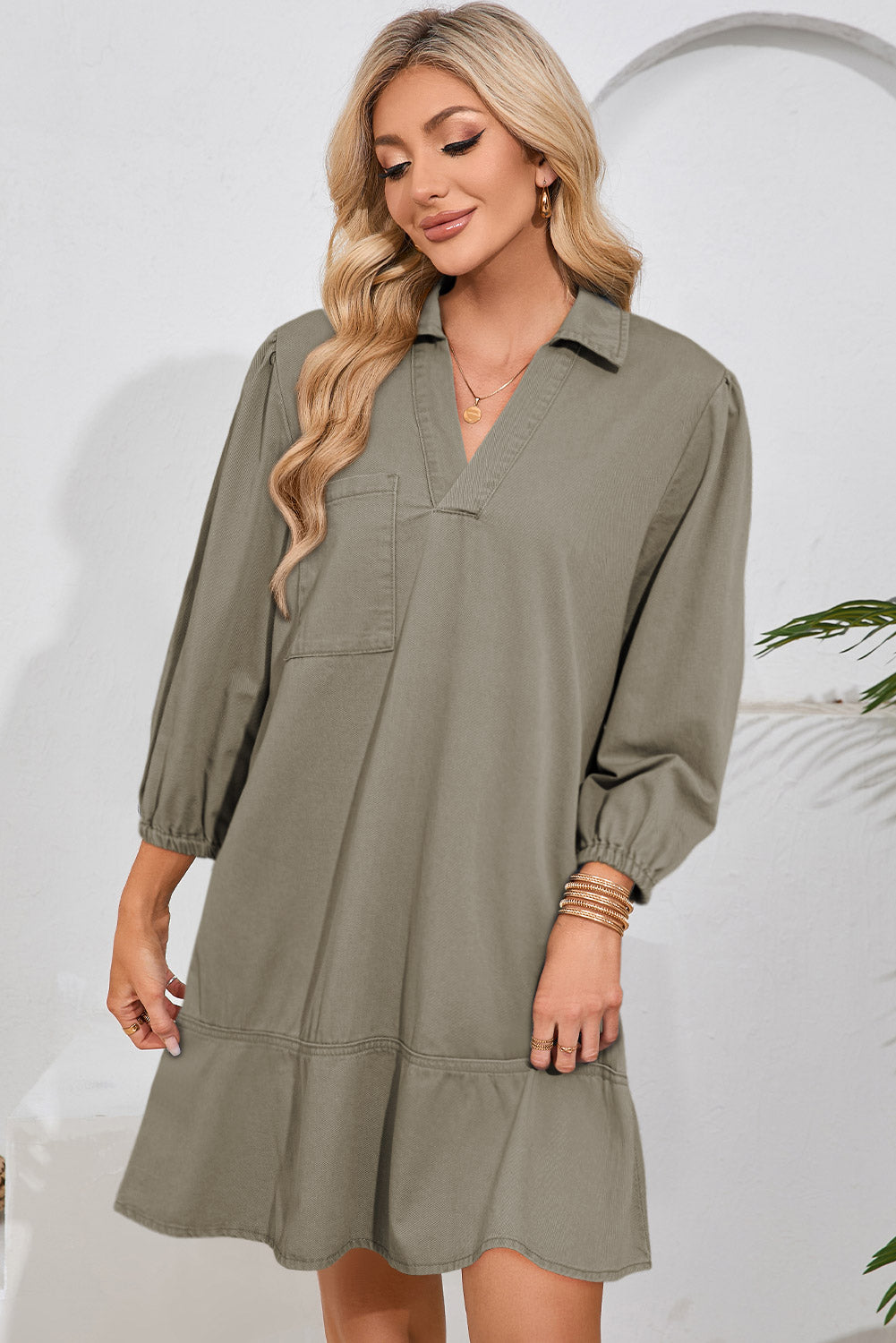 Vineyard Green V Neck Collared Single Chest Pocket Long Sleeve Denim Dress