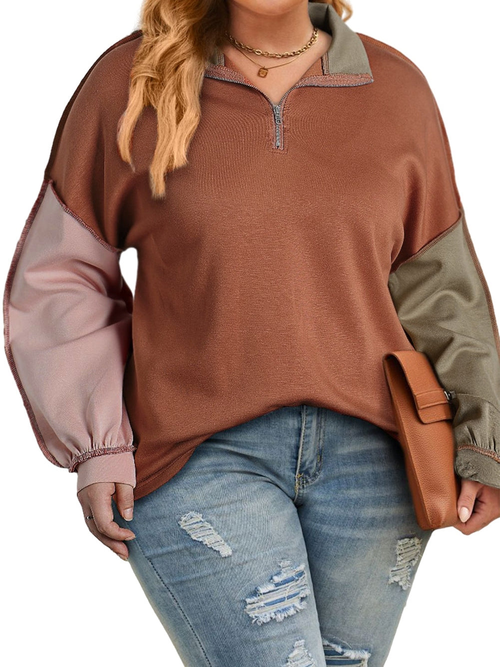 Gold Flame Plus Size Colorblock Exposed Seam Quarter Zip Sweatshirt