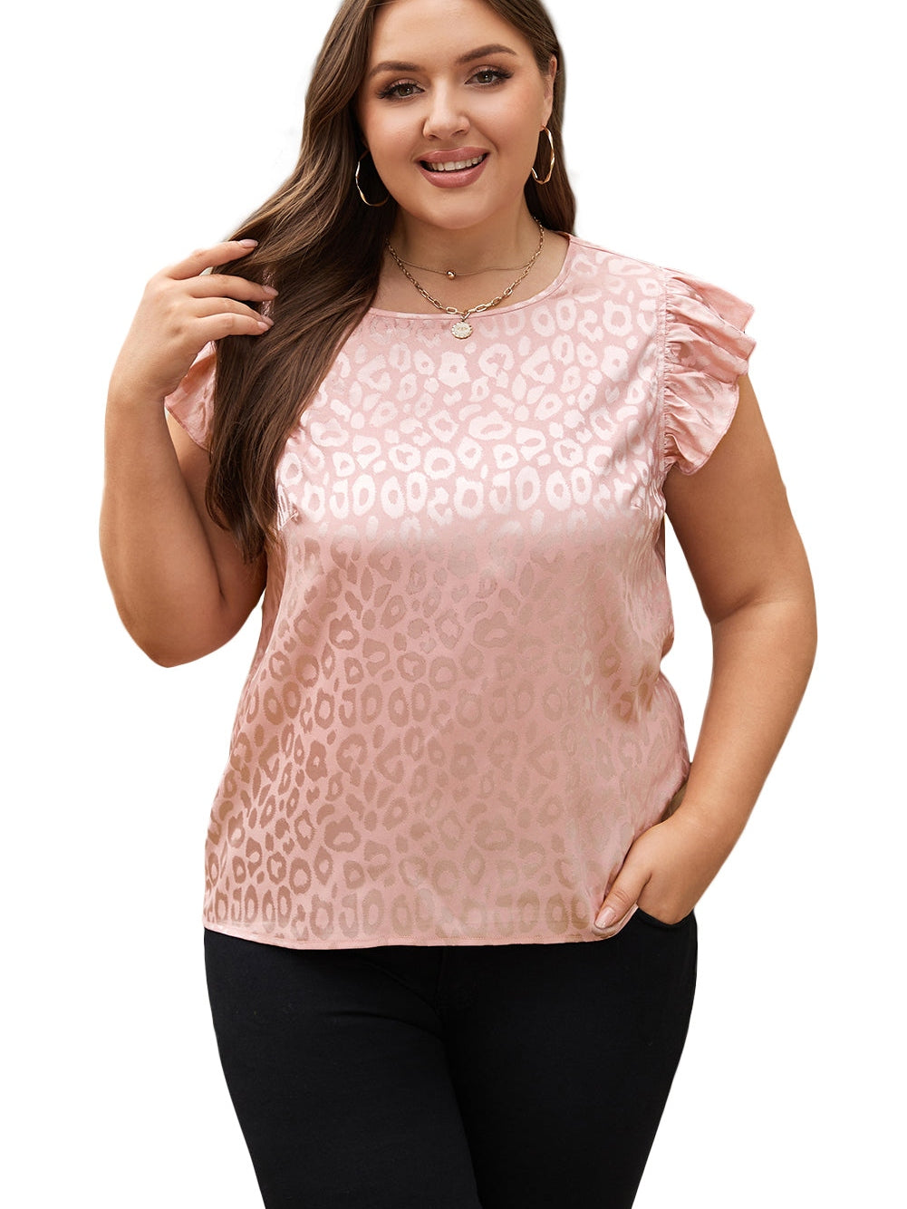 Pink Plus Size Leopard Print Ruffled Flutter Sleeve Satin Blouse