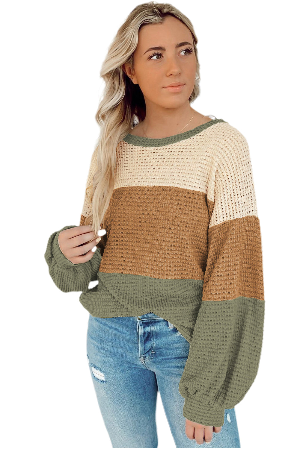 Green Striped Bubble Sleeve Baggy Top with Color Block Detail