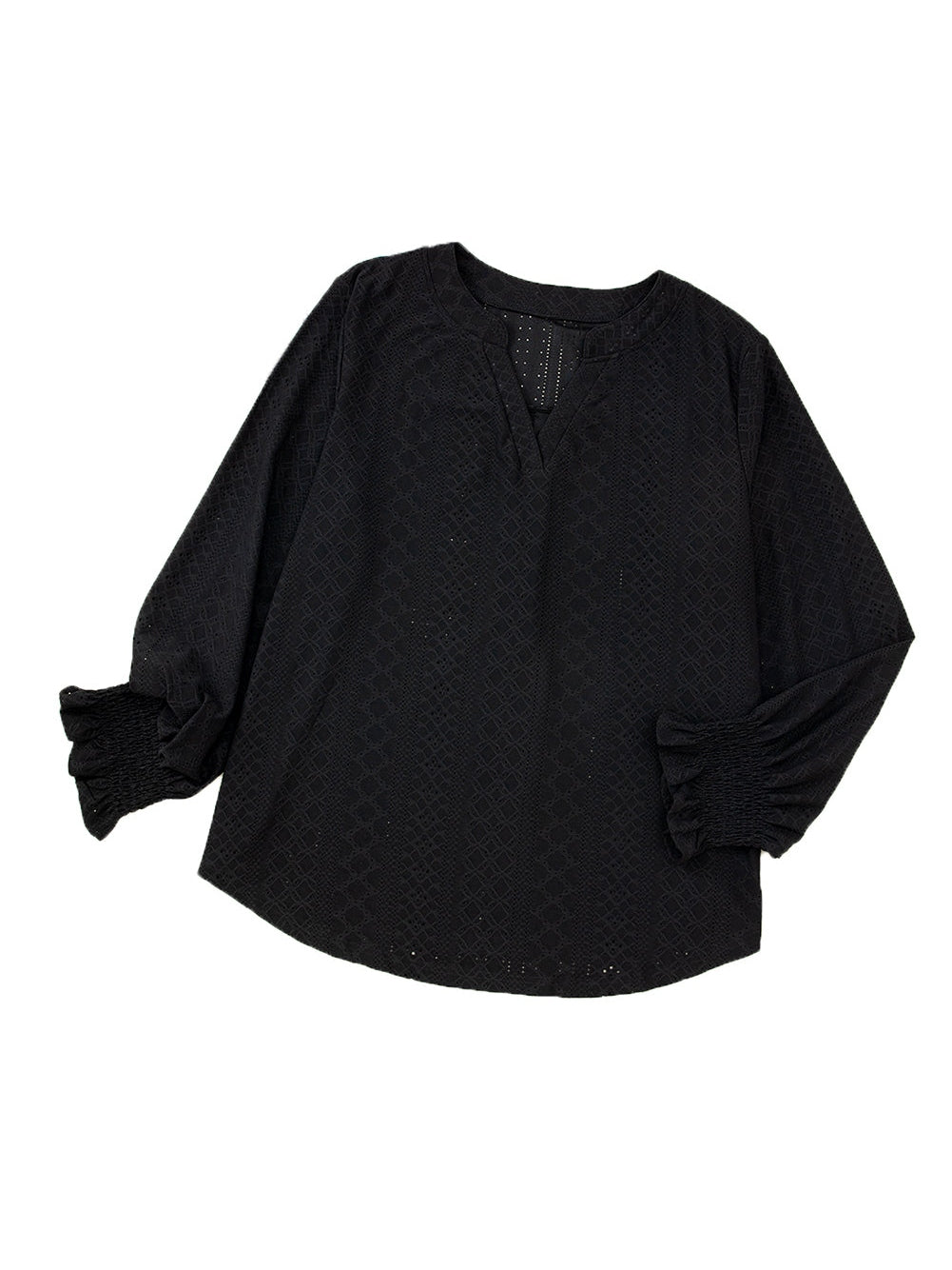 Black Eyelet Jacquard Split Neck Flounce Sleeve Plus Size Blouse